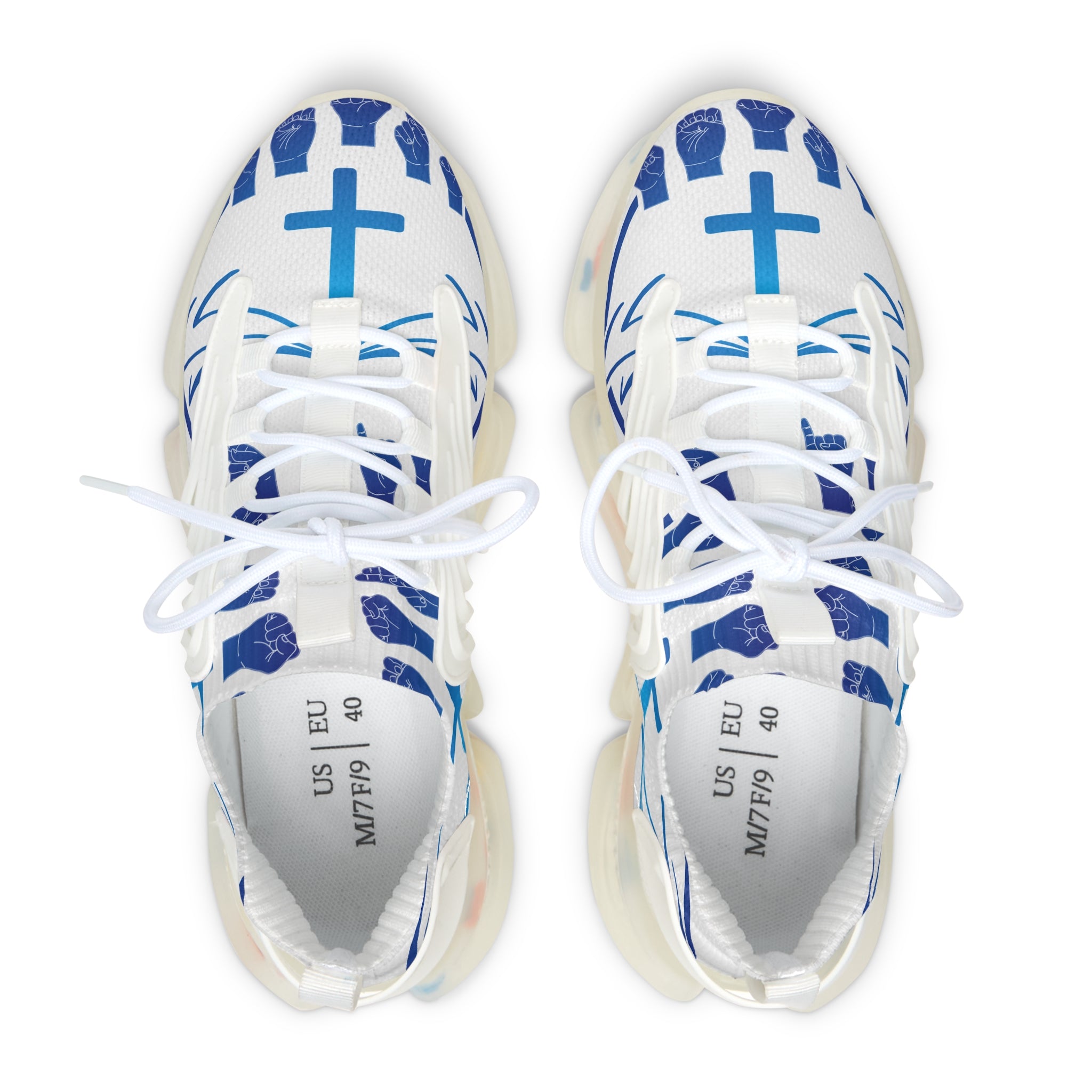Women's White Mesh Sneakers — "Sign Language Jesus Christ "Lightweight Breathable Athletic Shoes with Color-Speckled Sole