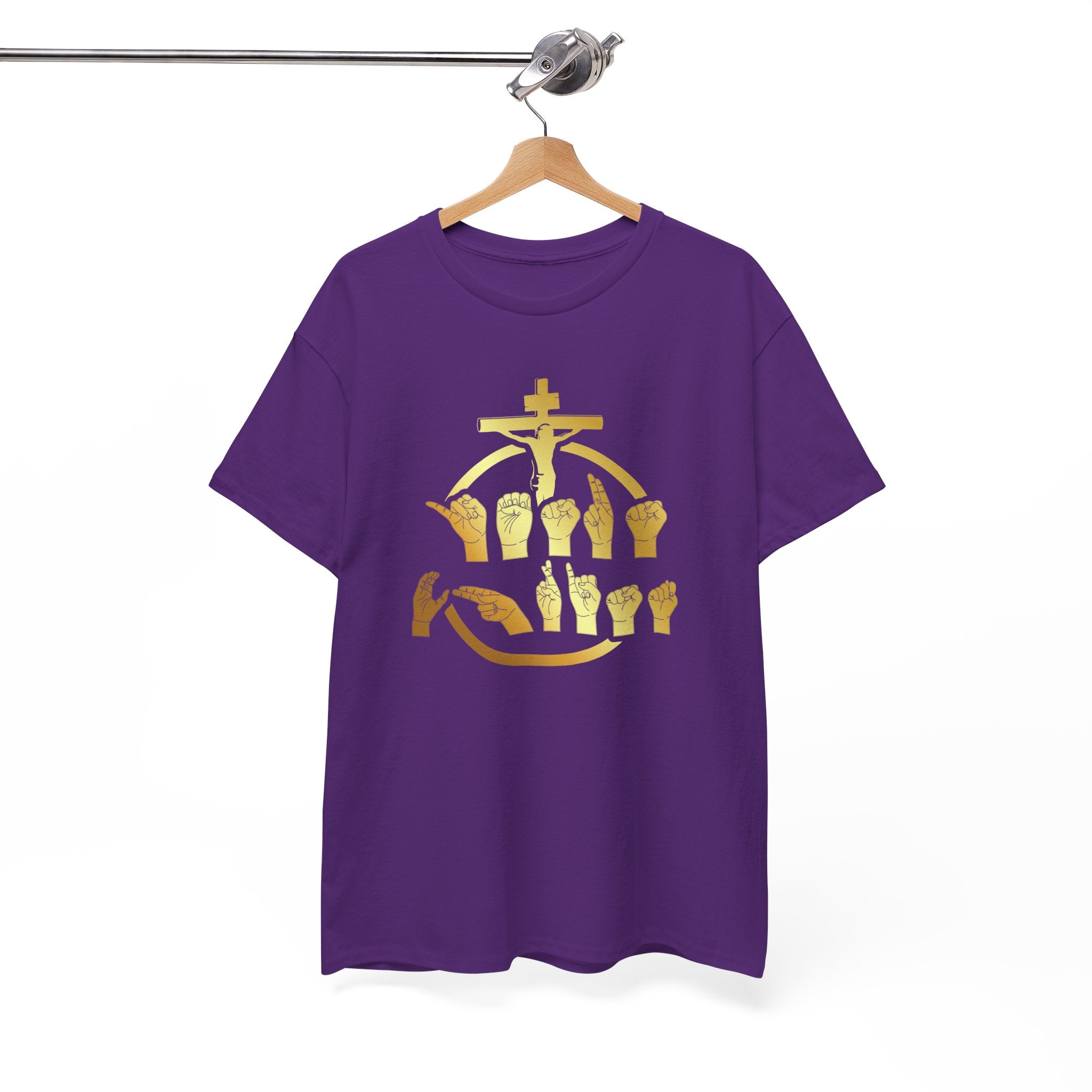 Christian Cross & Praying Hands T-Shirt — Gold Faith Design