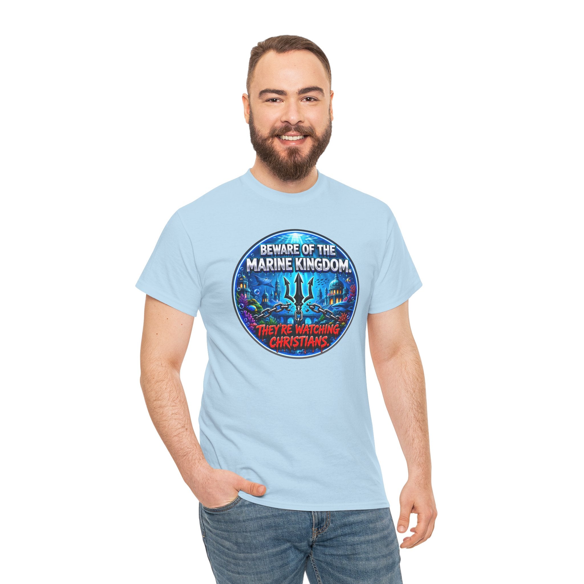 T‑Shirt — "Beware of the Marine Kingdom: They're Watching Christians" Vintage Ocean Graphic