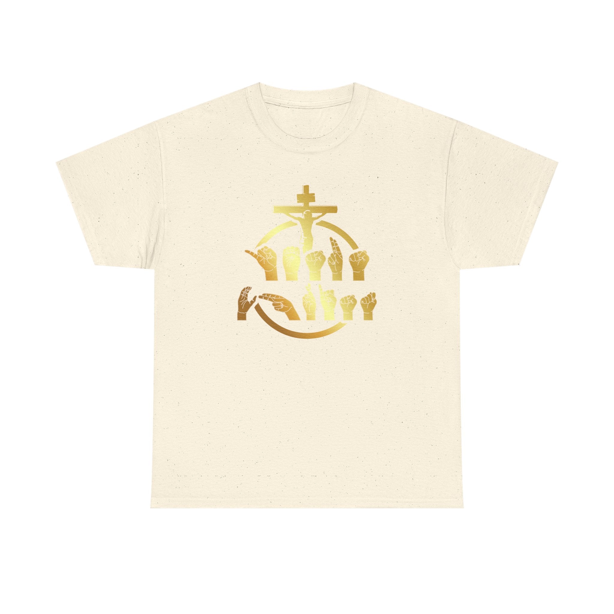 Christian Cross & Praying Hands T-Shirt — Gold Faith Design