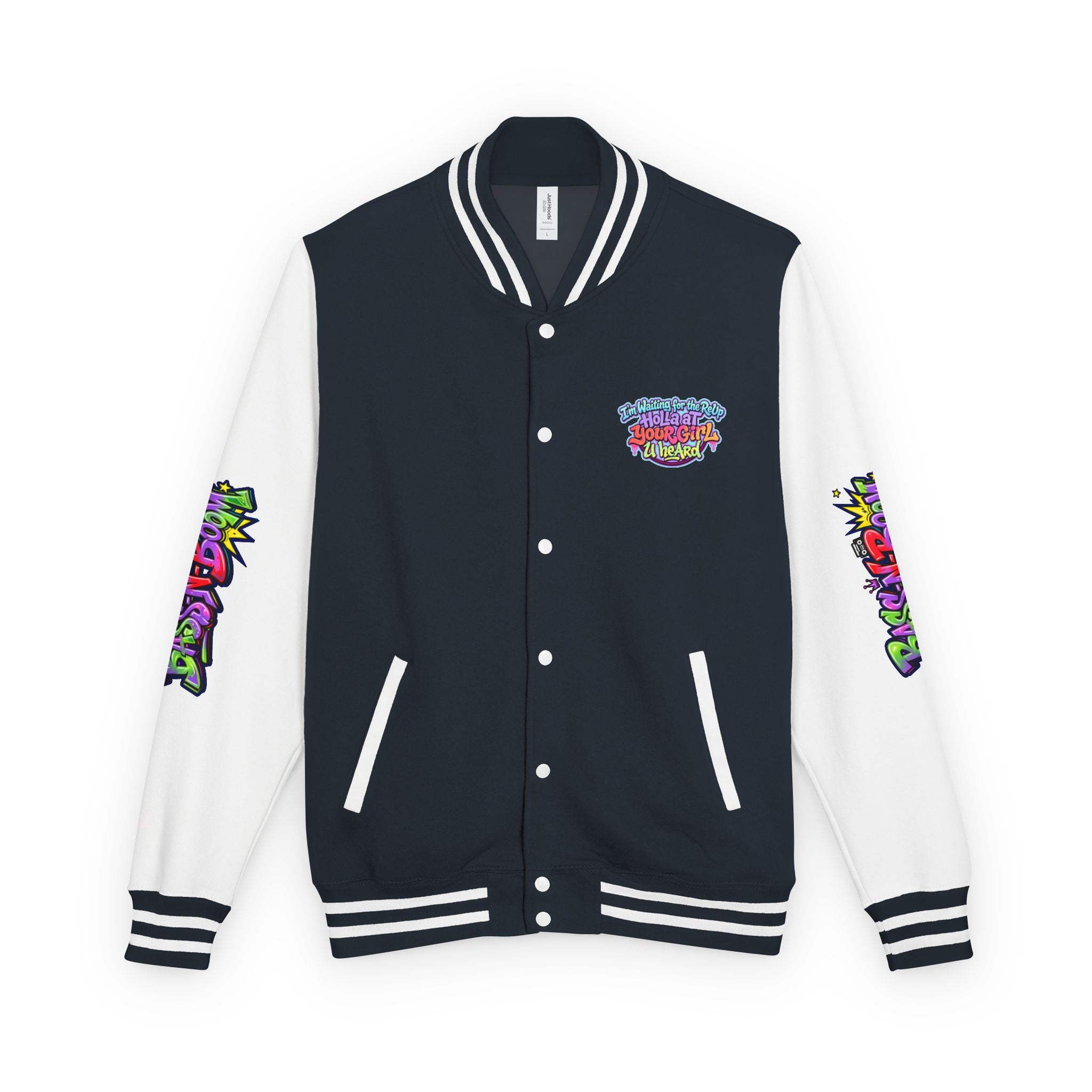 Letterman Jacket — "I'm Waiting For The Reup" Colorful Retro Hip‑Hop Varsity