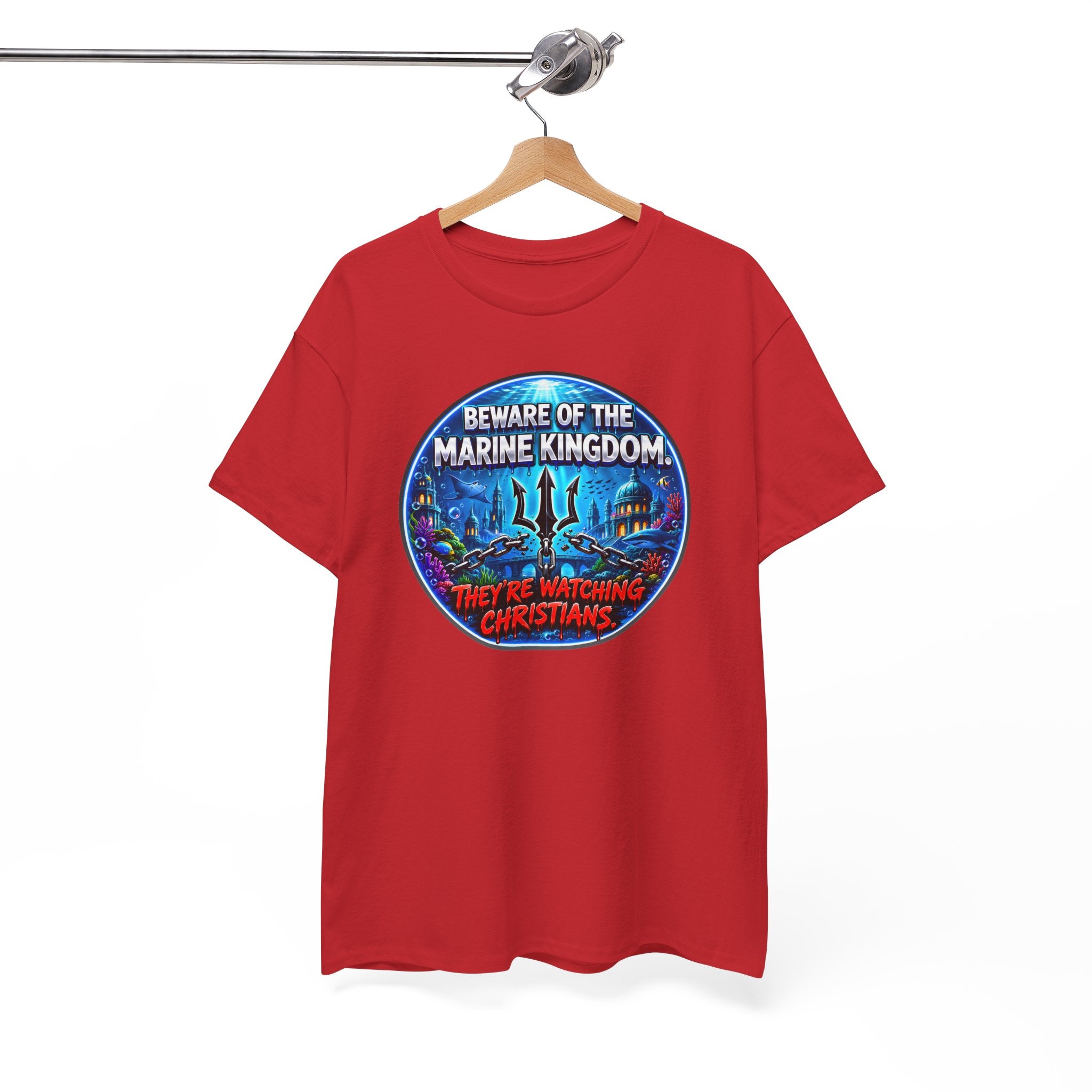 T‑Shirt — "Beware of the Marine Kingdom: They're Watching Christians" Vintage Ocean Graphic