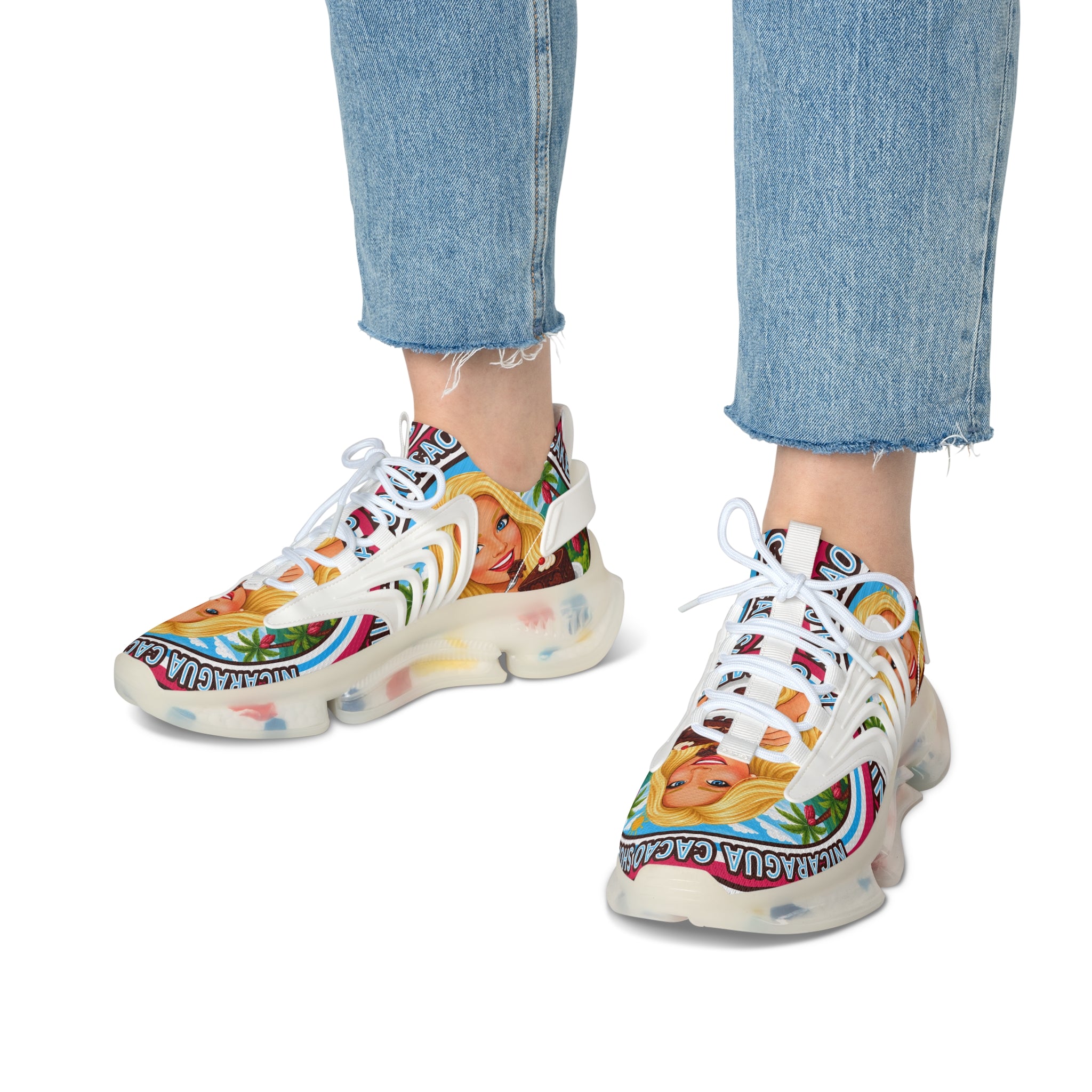 Women's Mesh Sneakers —"  Nicaragua Cacao Shortcake "Colorful Retro Barbie-Inspired Graphic Trainers