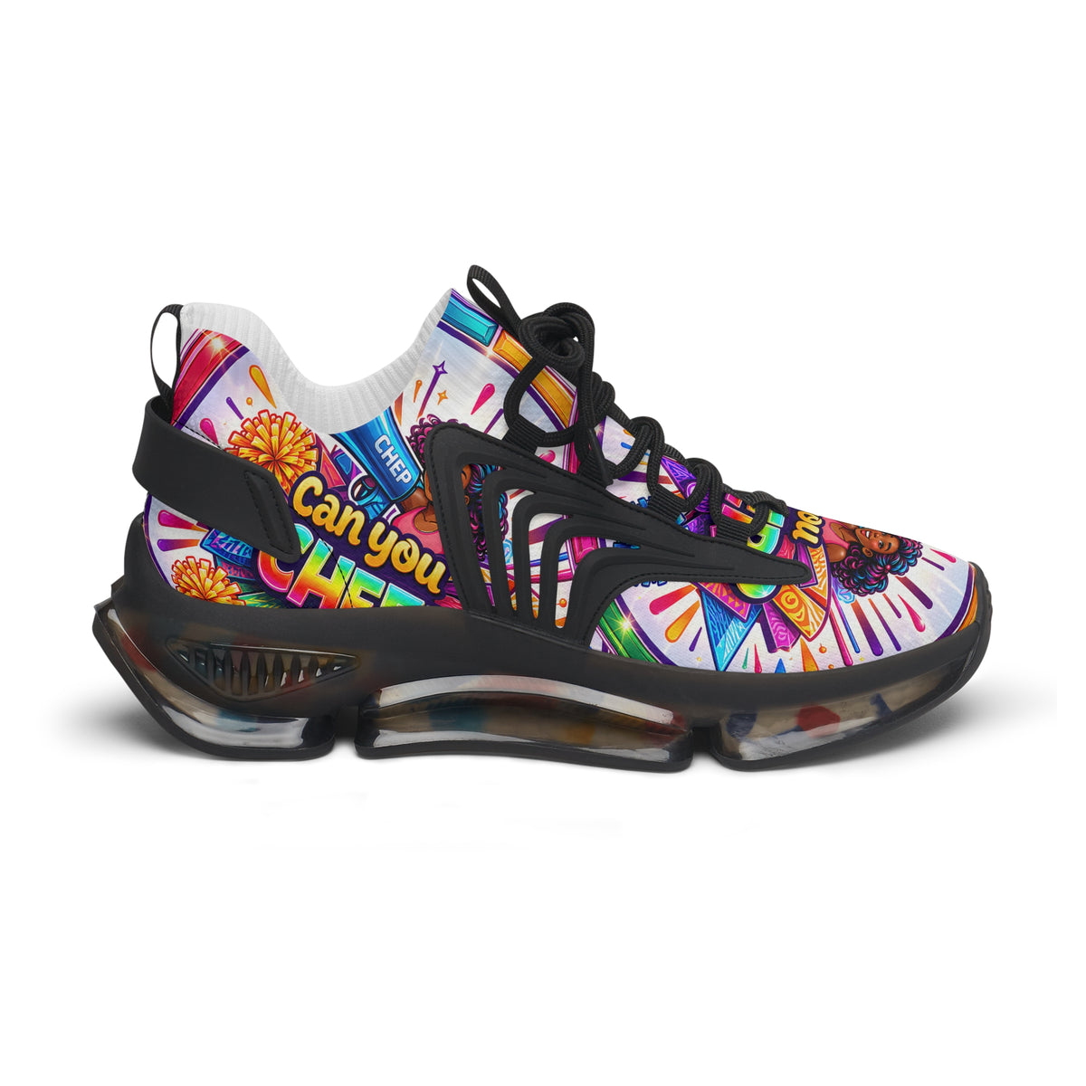 Women's Cheerleader Graphic Mesh Sneakers — "Can You Cheer?" Colorful Athletic Shoes
