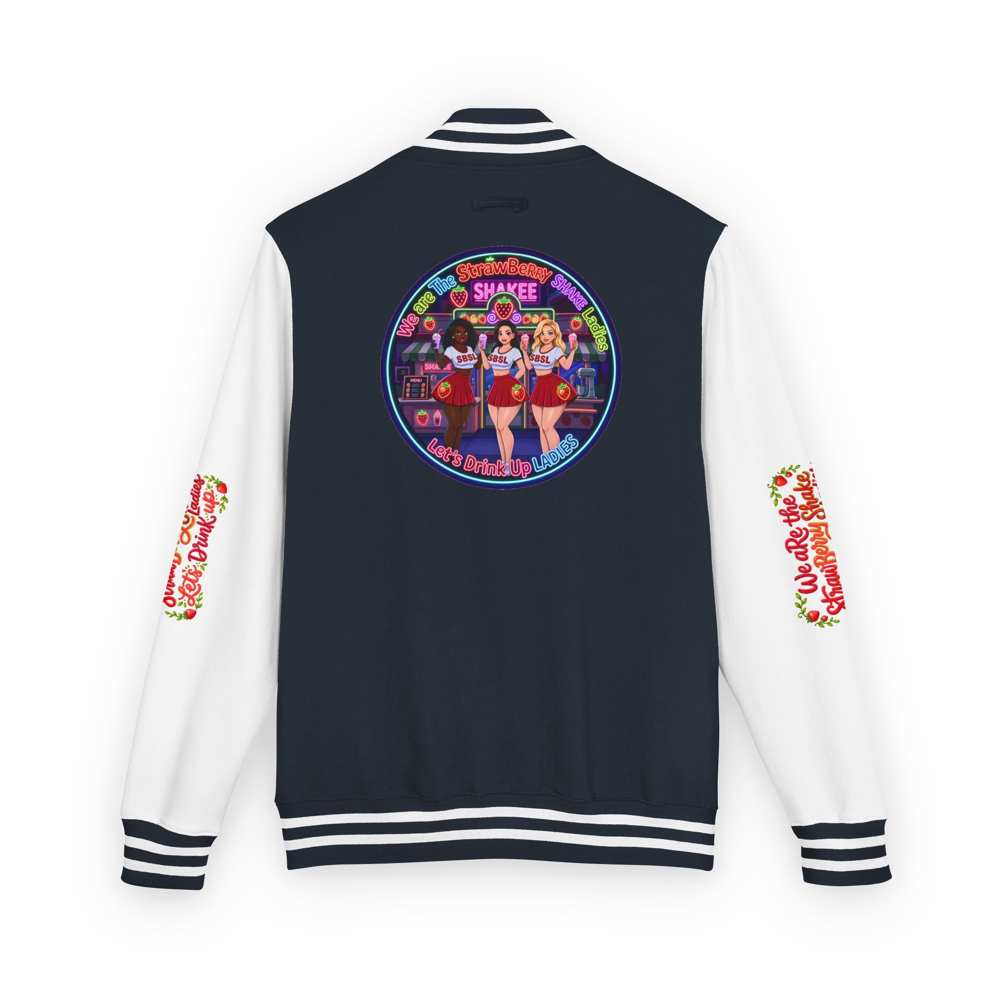 Letterman Jacket —" We Are The Strawberry Shake Ladies " Retro Shakee Cheer Graphic