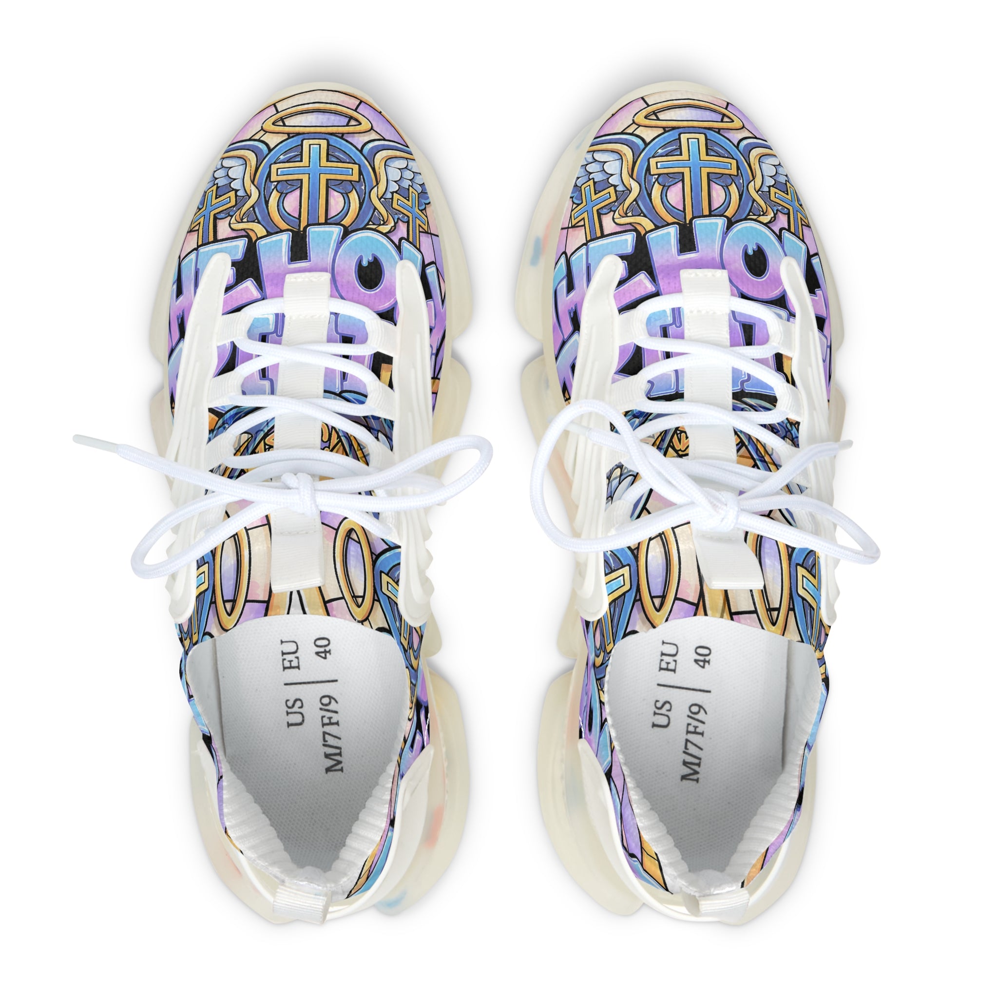 Men's Mesh Sneakers — "Holy Trinity " White Athletic Shoes with Pastel Graffiti Accent