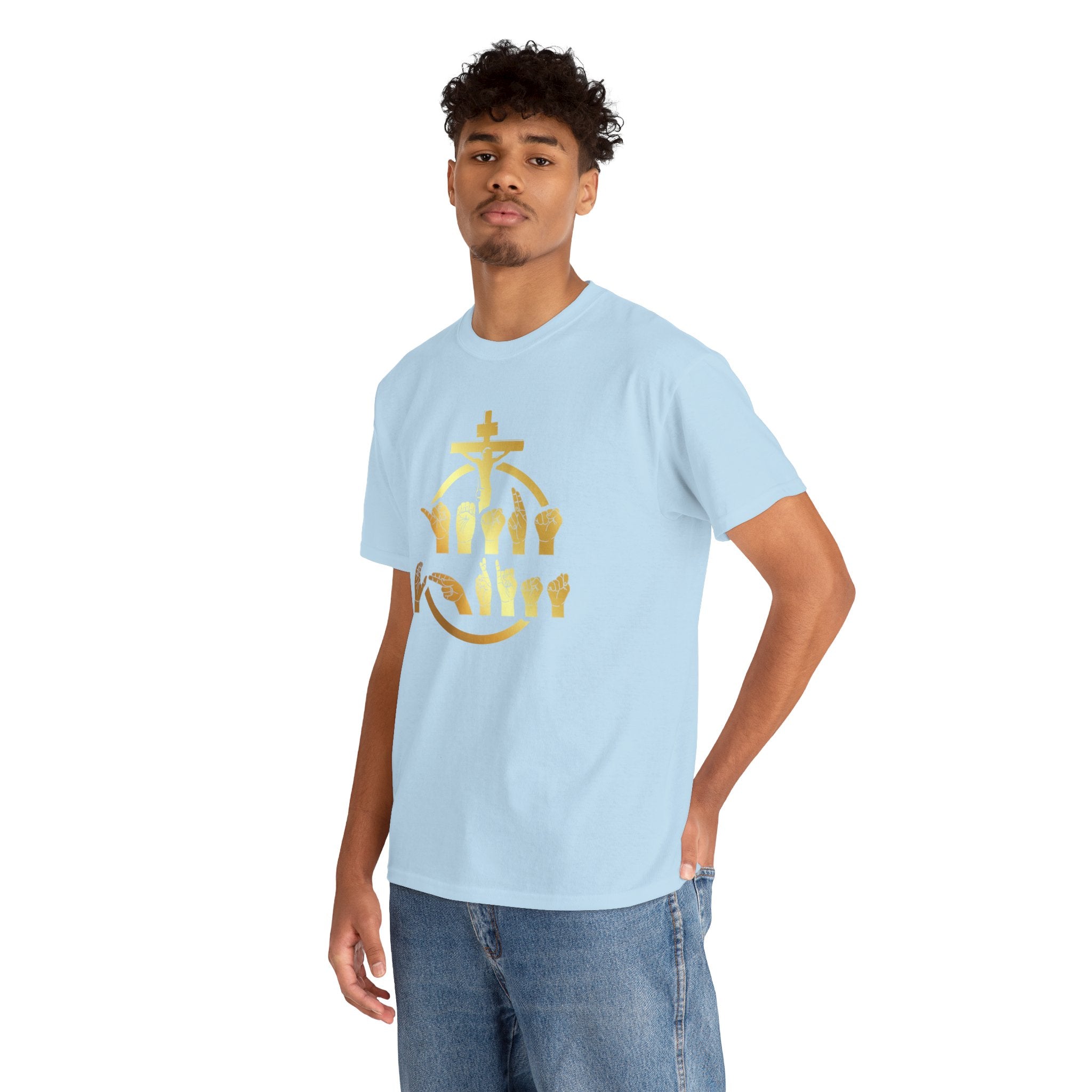 Christian Cross & Praying Hands T-Shirt — Gold Faith Design