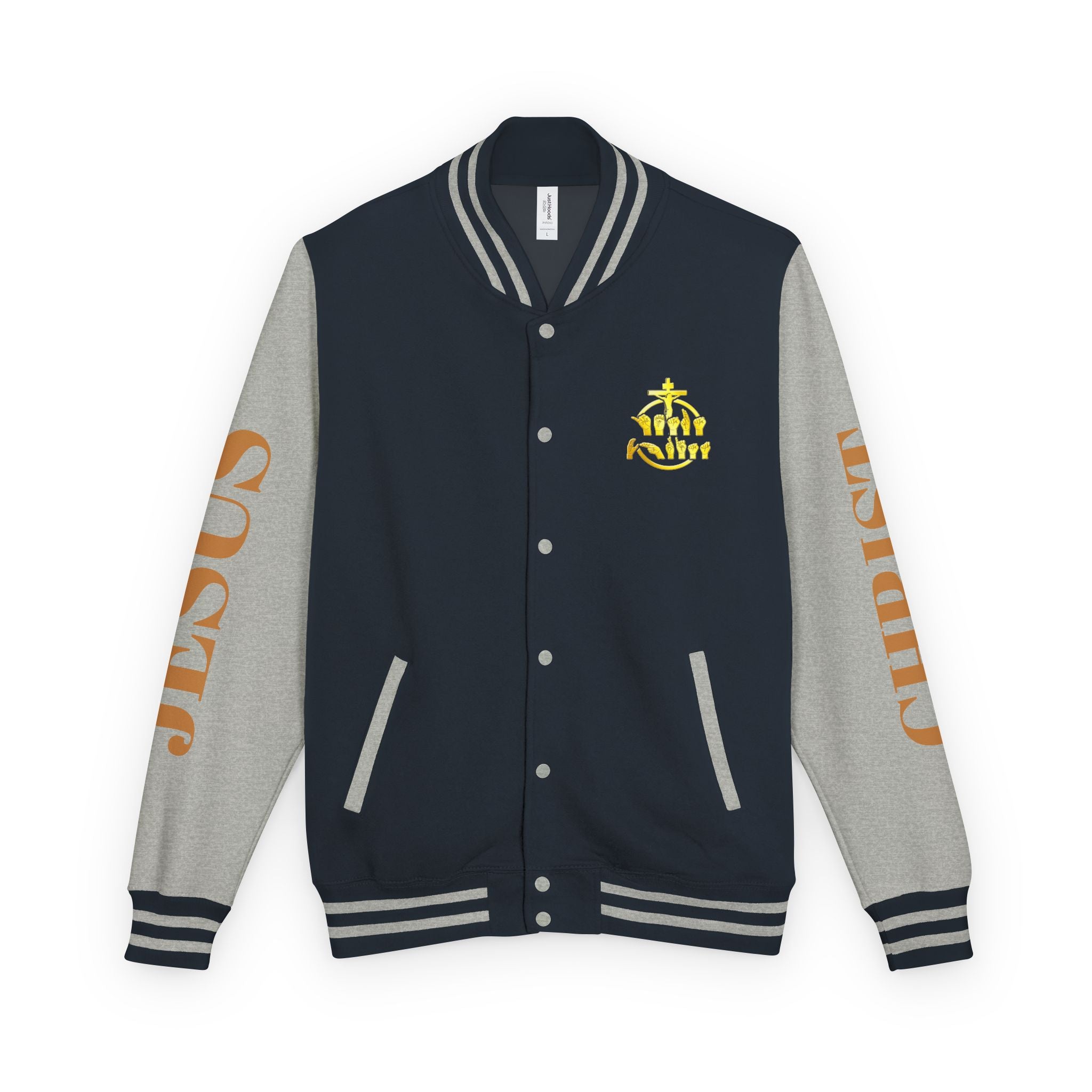 "Sign language Jesus Christ "     Christian Crown Letterman Jacket - 'Jesus Christ' Sleeve Varsity Jacket