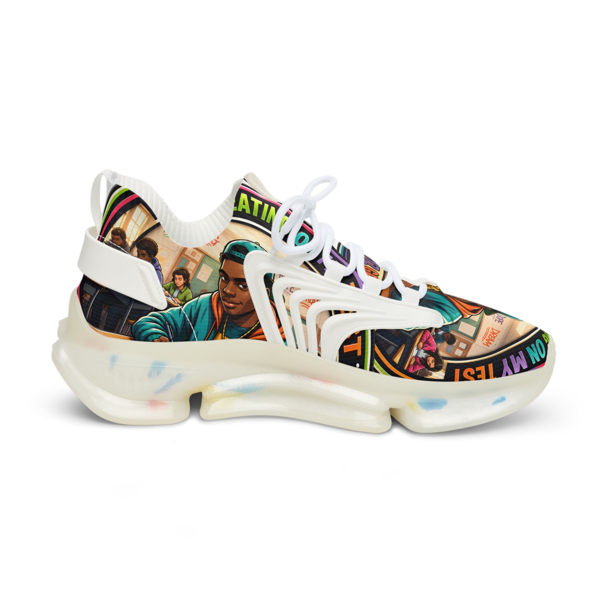 Men's Mesh Sneakers — Colorful Urban Art Graphic Trainers with 'Im Cheating On My Test' Design