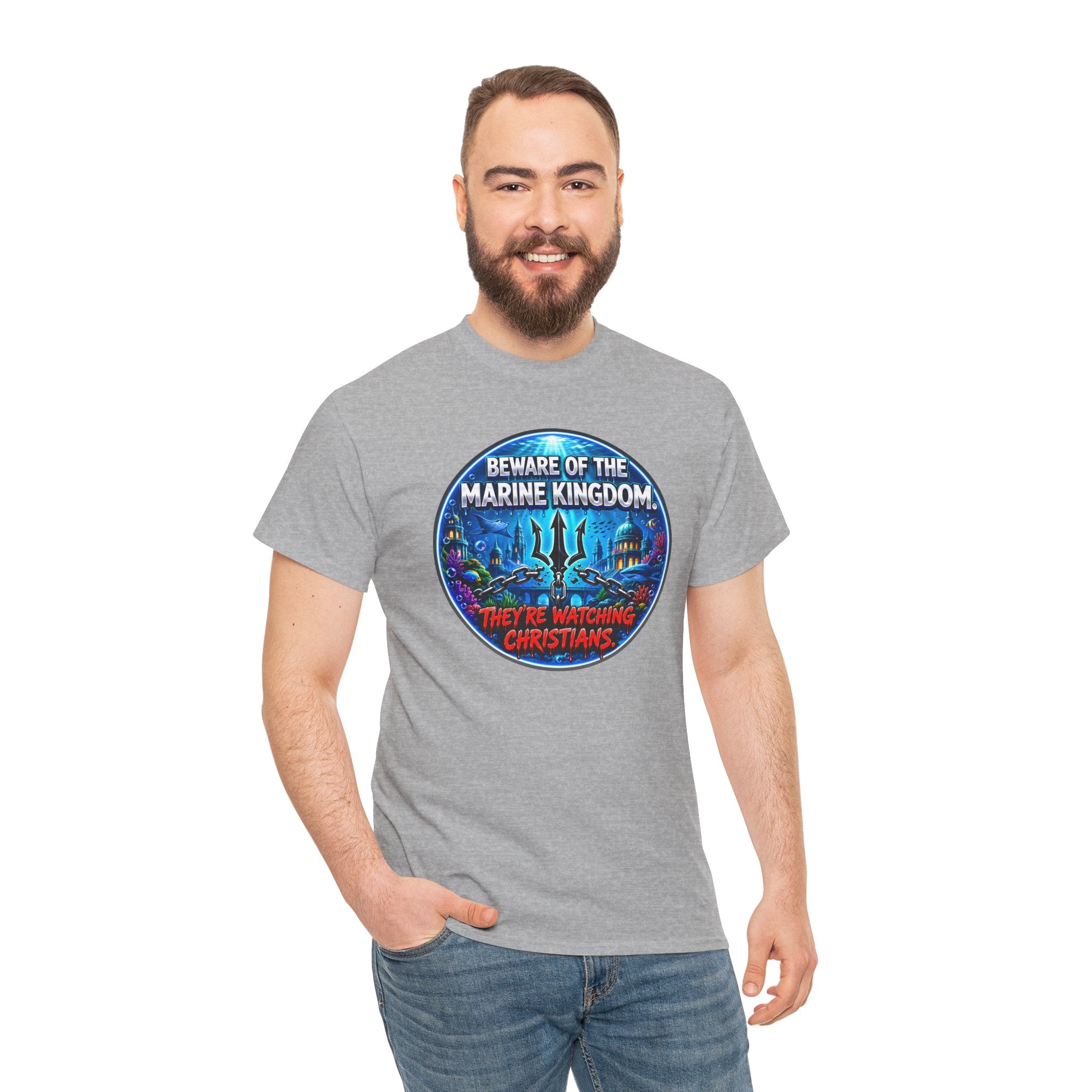 T‑Shirt — "Beware of the Marine Kingdom: They're Watching Christians" Vintage Ocean Graphic