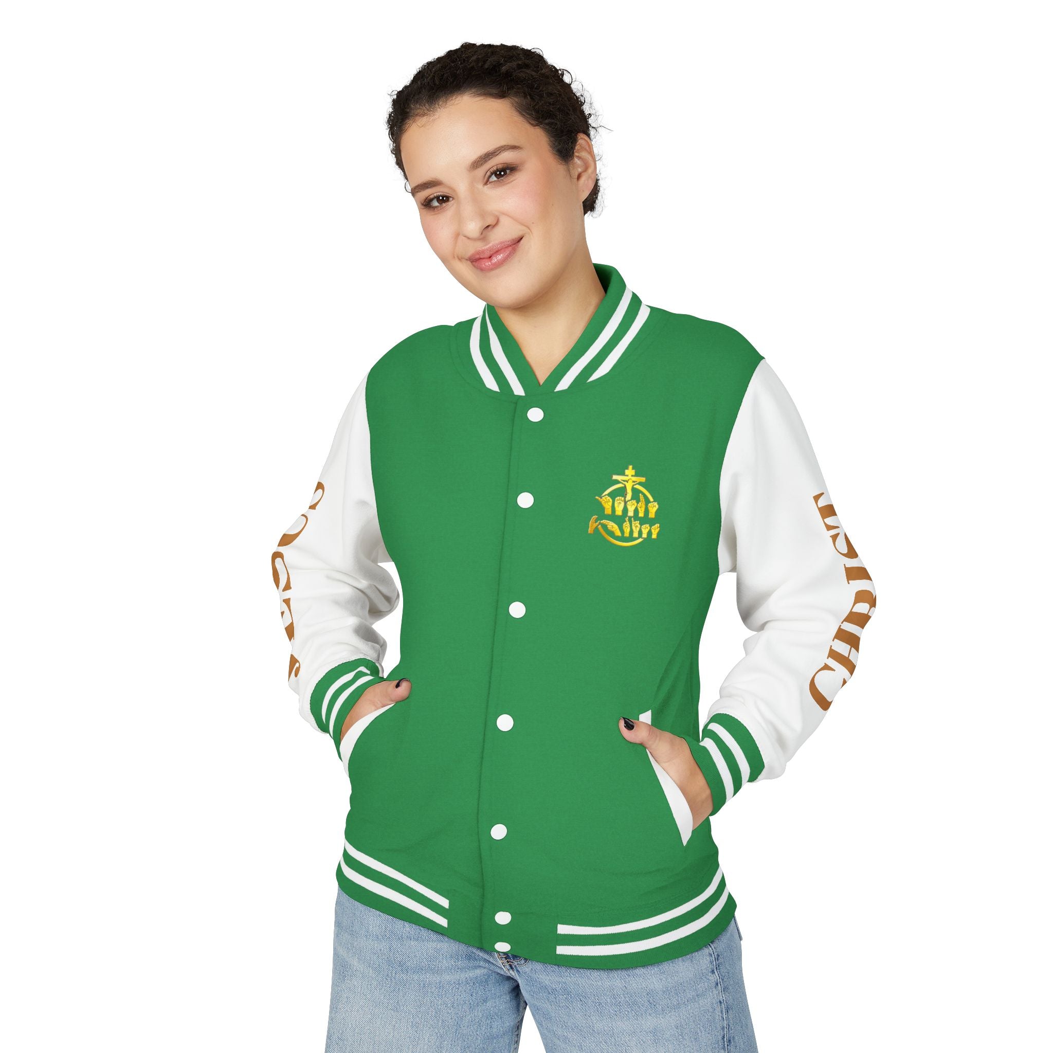 "Sign language Jesus Christ "     Christian Crown Letterman Jacket - 'Jesus Christ' Sleeve Varsity Jacket