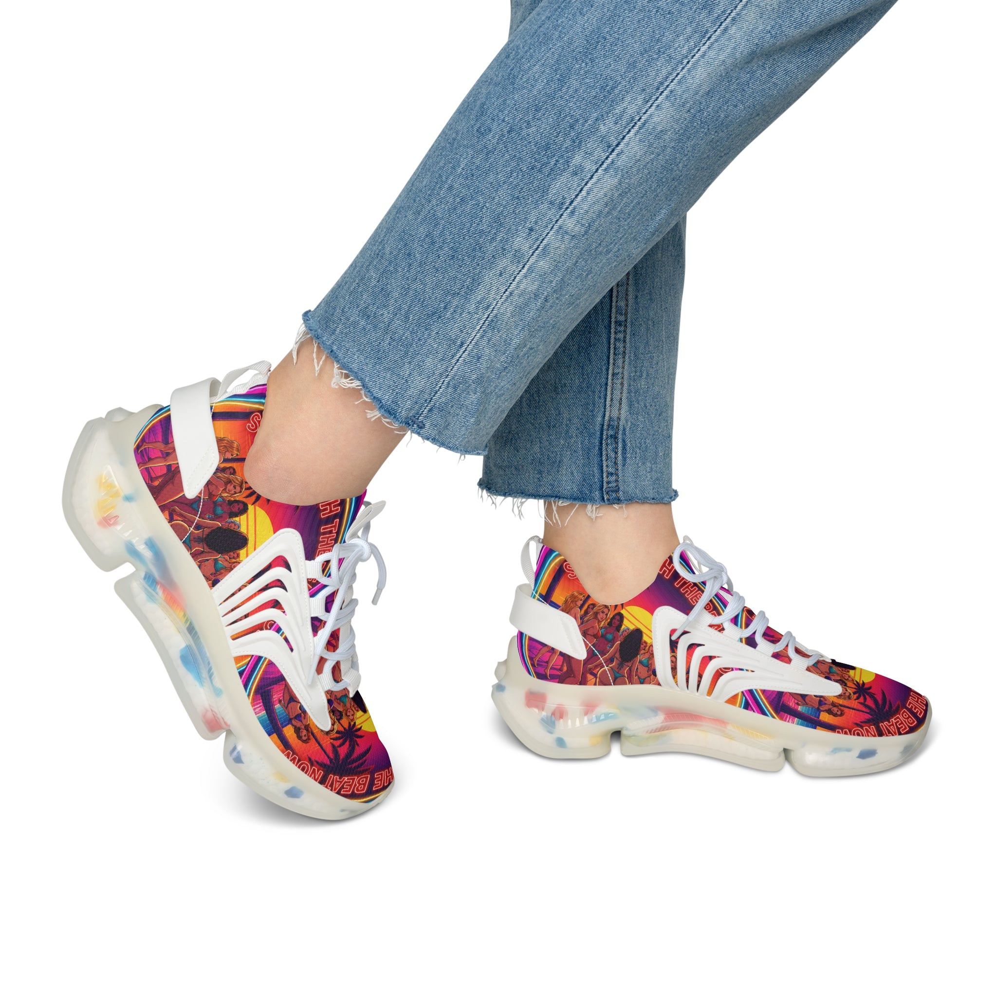 Women's Mesh Sneakers —"Slide With The Beat Now "Vibrant Retro Sunset Graphic Trainers