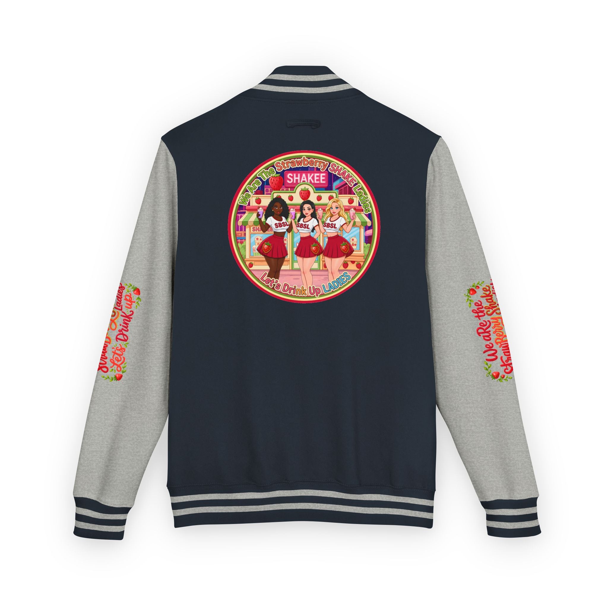 Letterman Jacket — " We Are The Strawberry Shake Ladies " Retro 'Shakee' Strawberry Girls Varsity Jacket