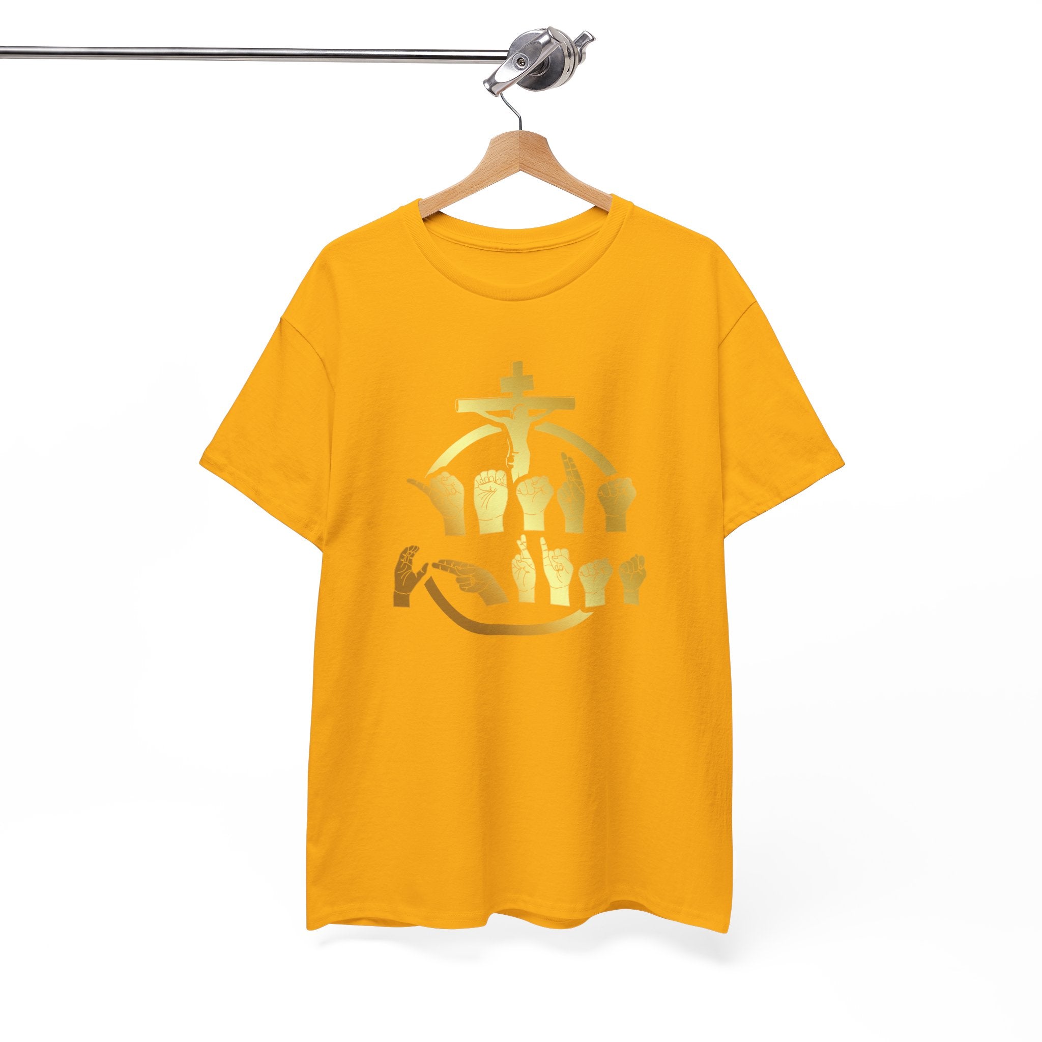 Christian Cross & Praying Hands T-Shirt — Gold Faith Design