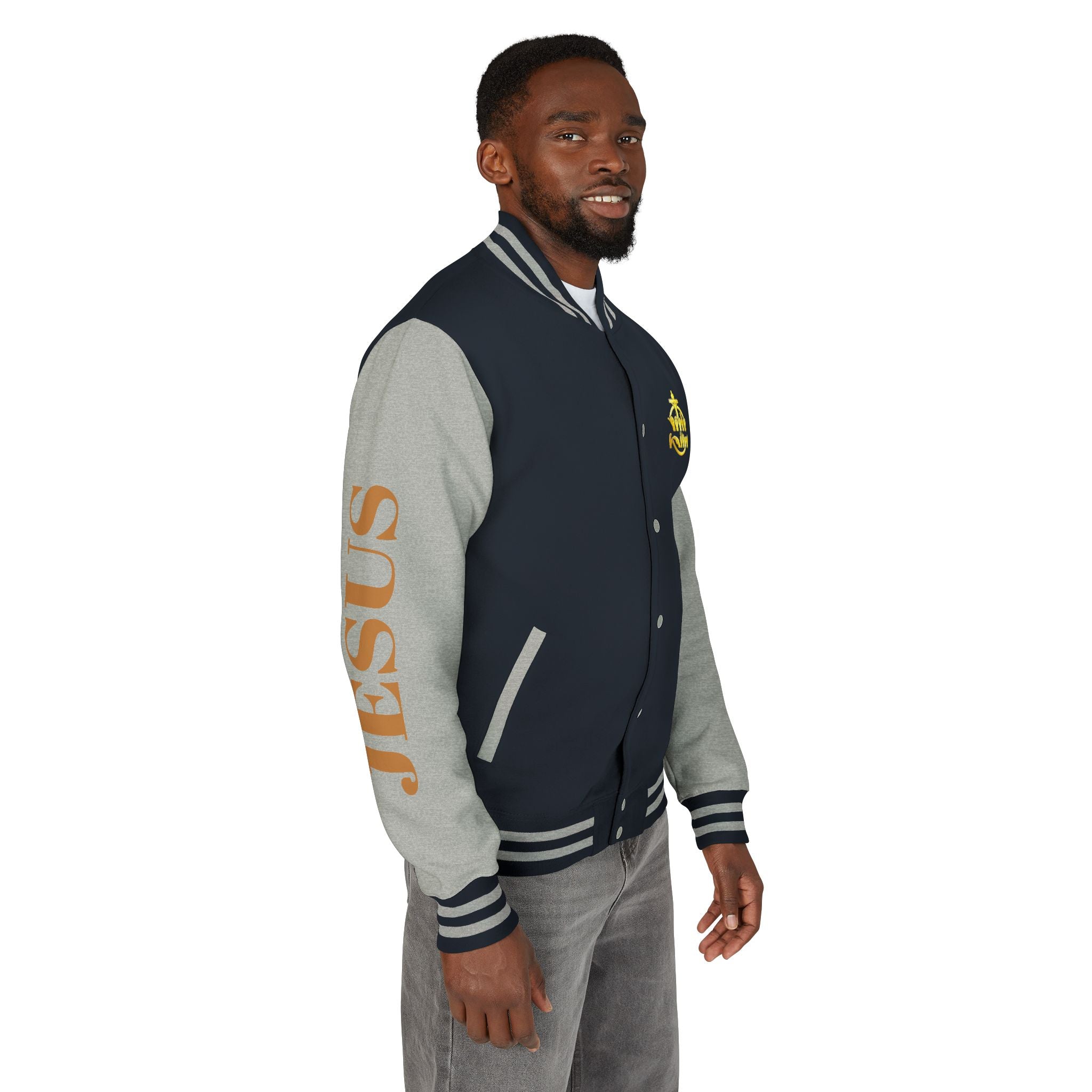 "Sign language Jesus Christ "     Christian Crown Letterman Jacket - 'Jesus Christ' Sleeve Varsity Jacket