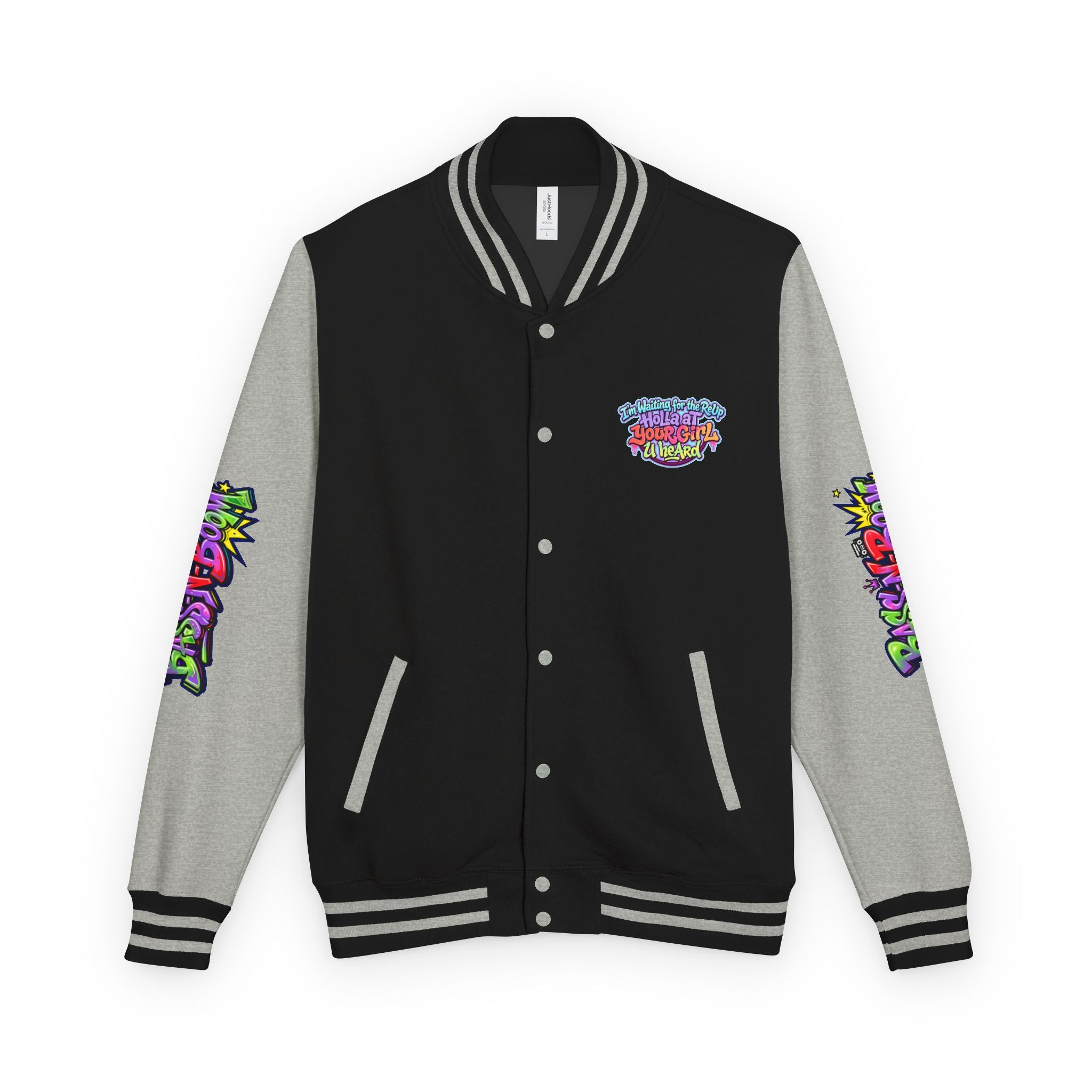 Letterman Jacket — "I'm Waiting For The Reup" Colorful Retro Hip‑Hop Varsity