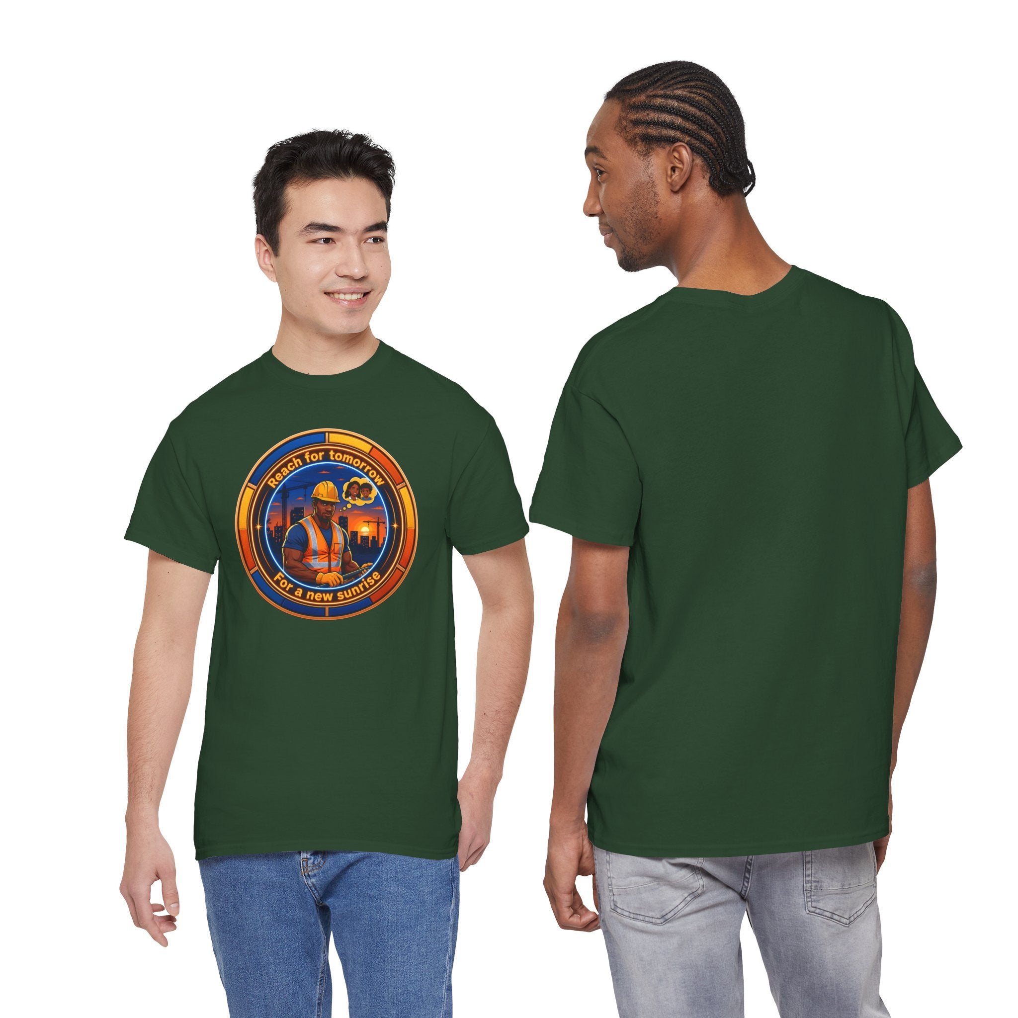 Construction Worker Sunset Tee — “Reach for Tomorrow ” Safety Crew T-Shirt