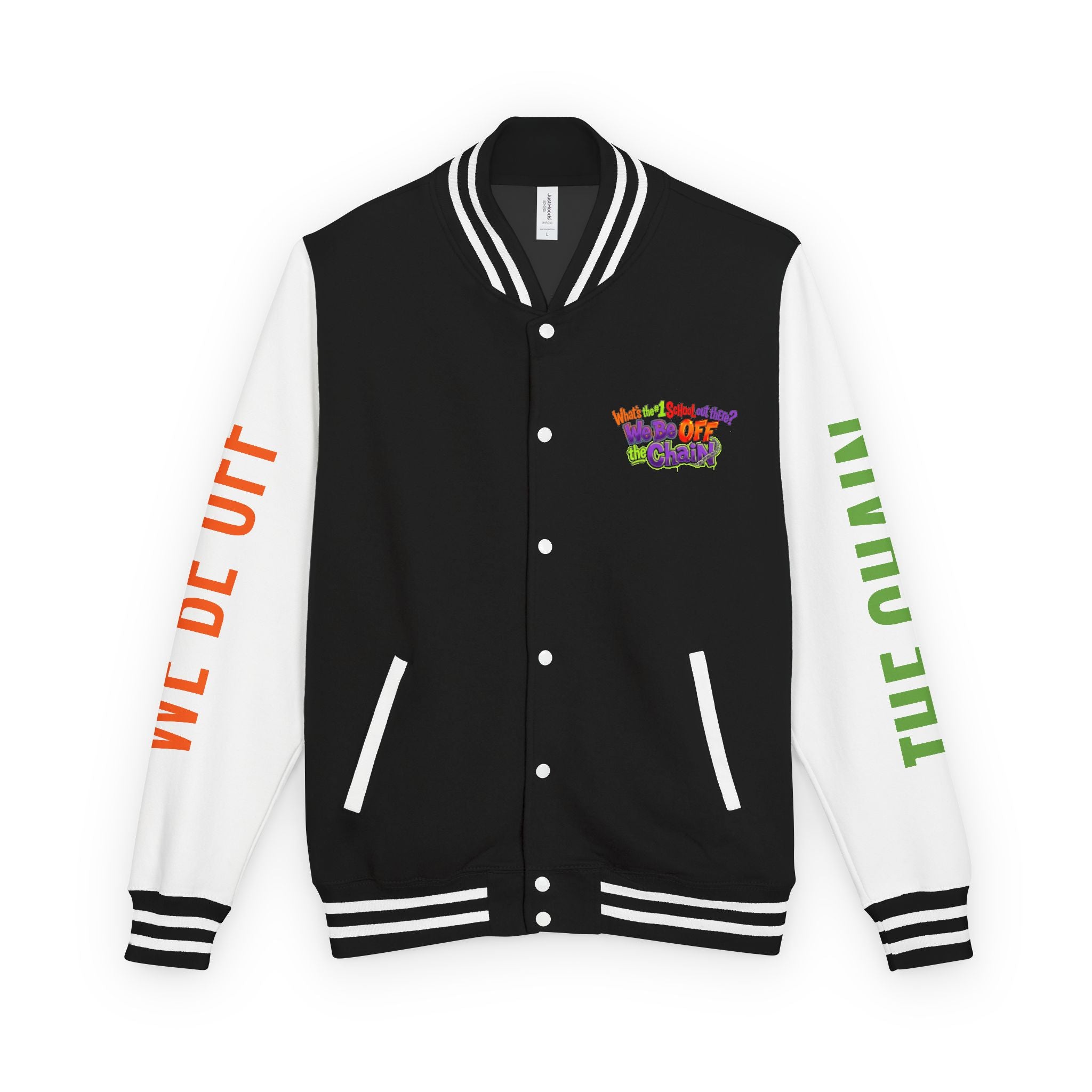 Retro Colorblock Letterman Jacket — 'We Be Off The Chain' Sleeve Print