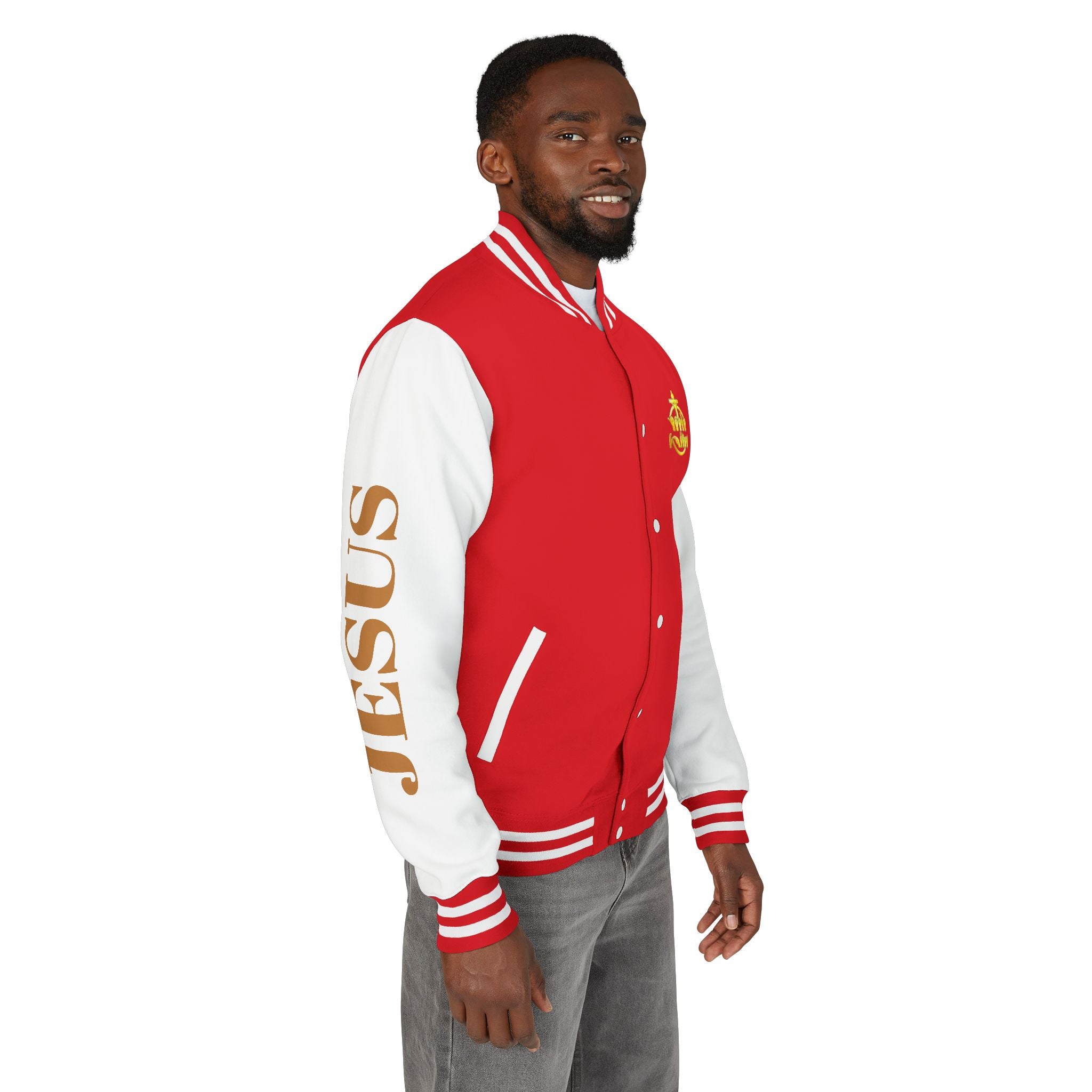 "Sign language Jesus Christ "     Christian Crown Letterman Jacket - 'Jesus Christ' Sleeve Varsity Jacket
