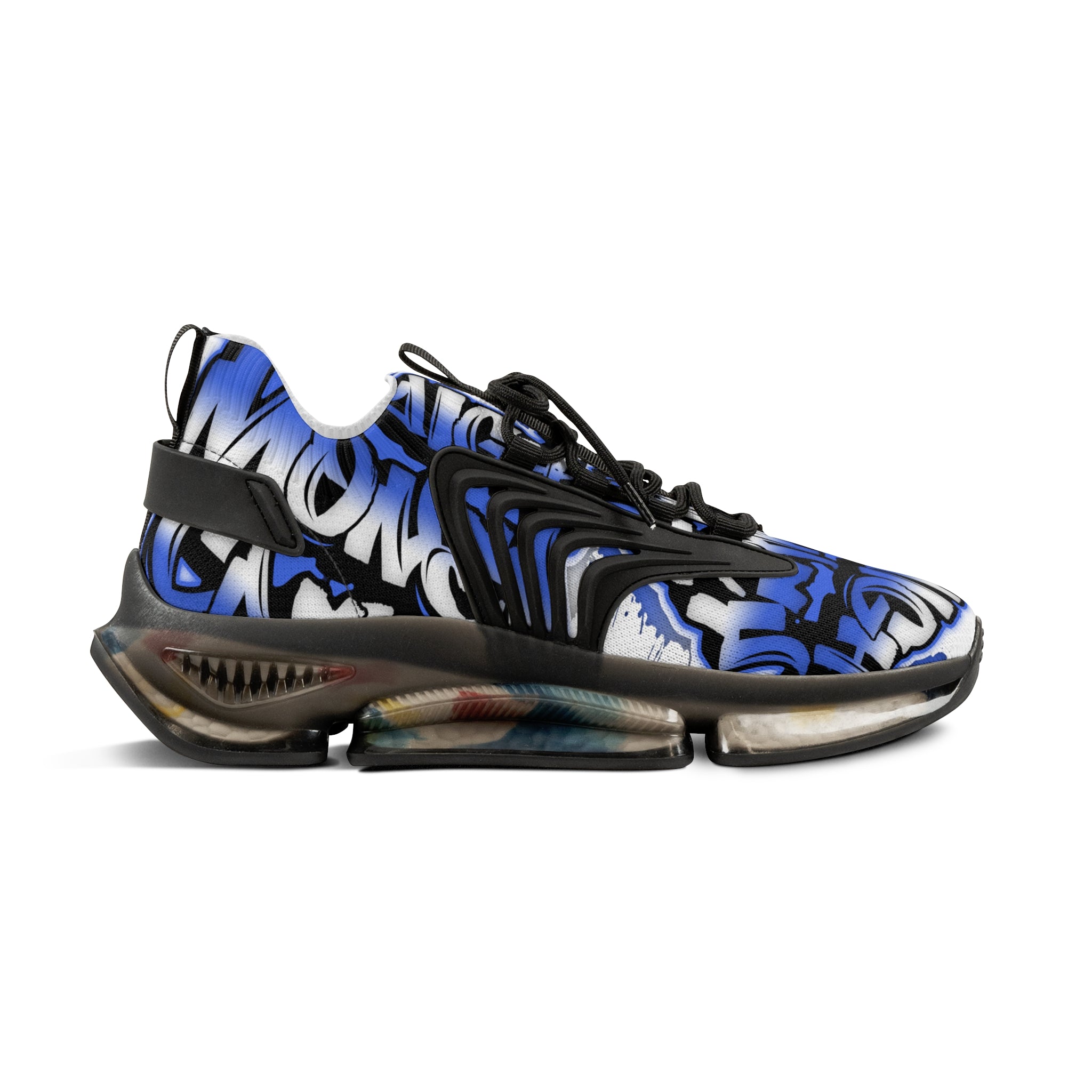 Men's Blue Graffiti Mesh Sneakers — "Straight Money Crew" Breathable Streetwear Athletic Shoes