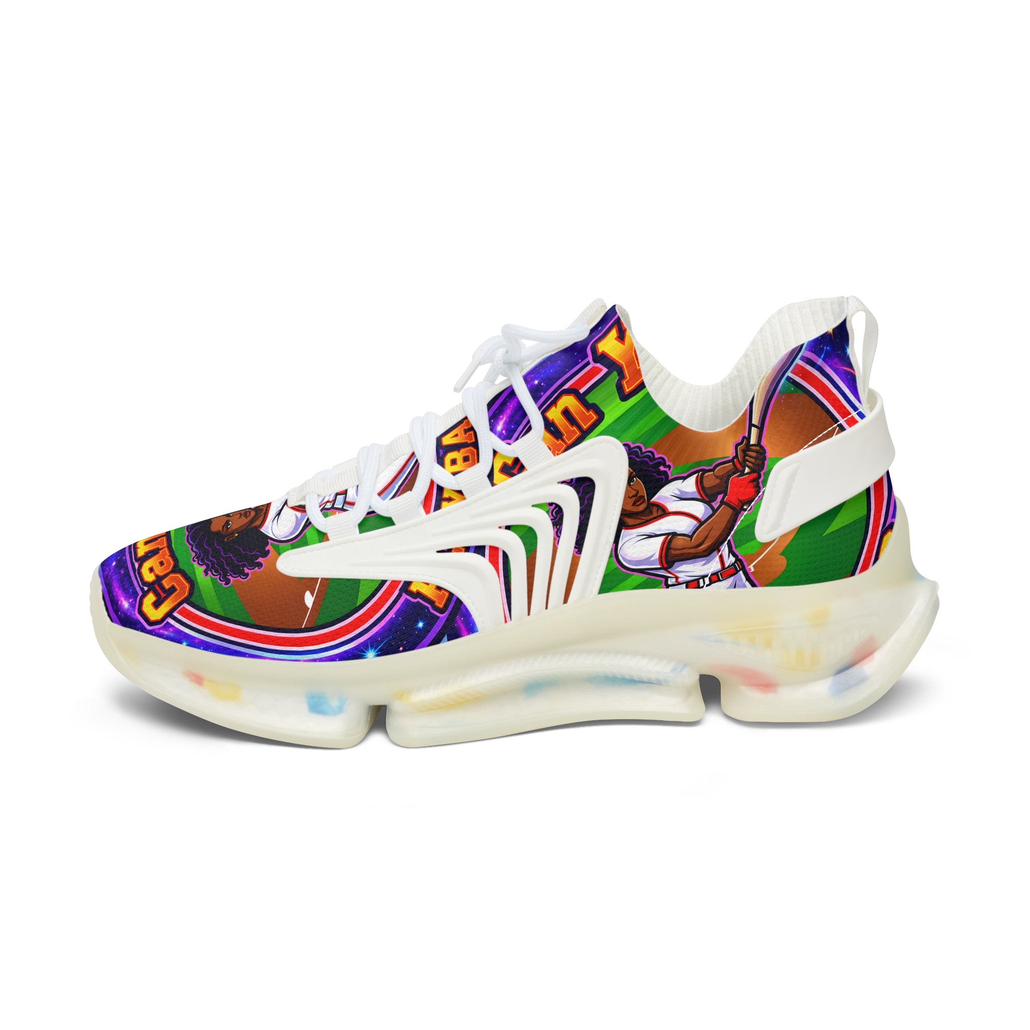 Retro Vibrant "Can You PlayBaseball" Women's Mesh Sneakers — Colorful Graphic Athletic Shoes