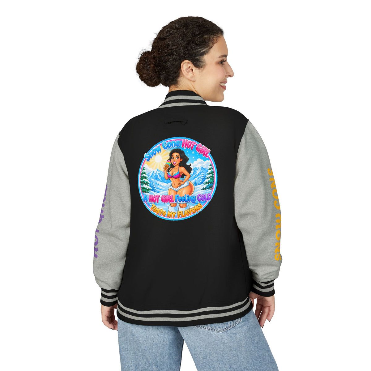 Letterman Jacket — 'SnowCone, Hot Girl' Retro Beach Graphic