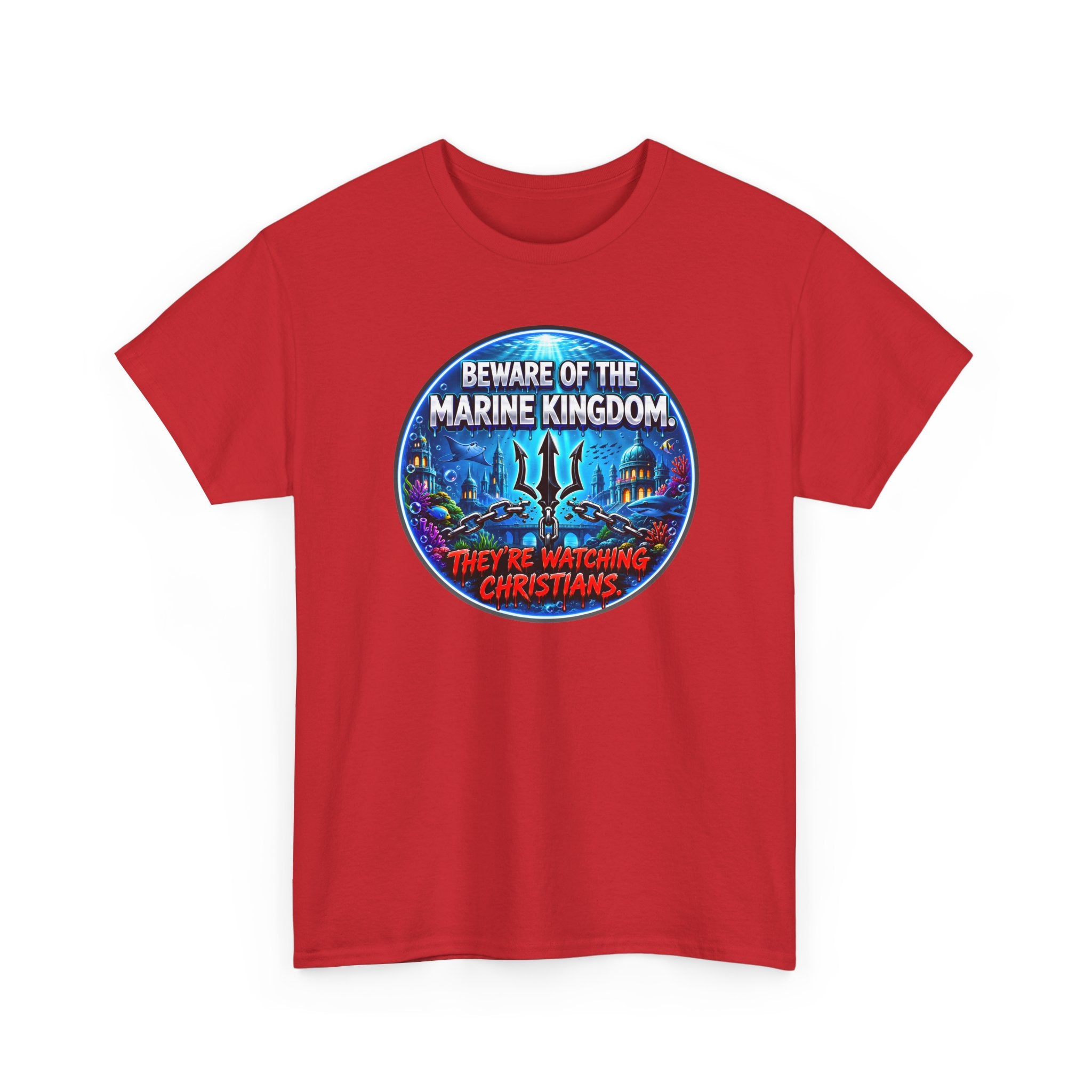 T‑Shirt — "Beware of the Marine Kingdom: They're Watching Christians" Vintage Ocean Graphic