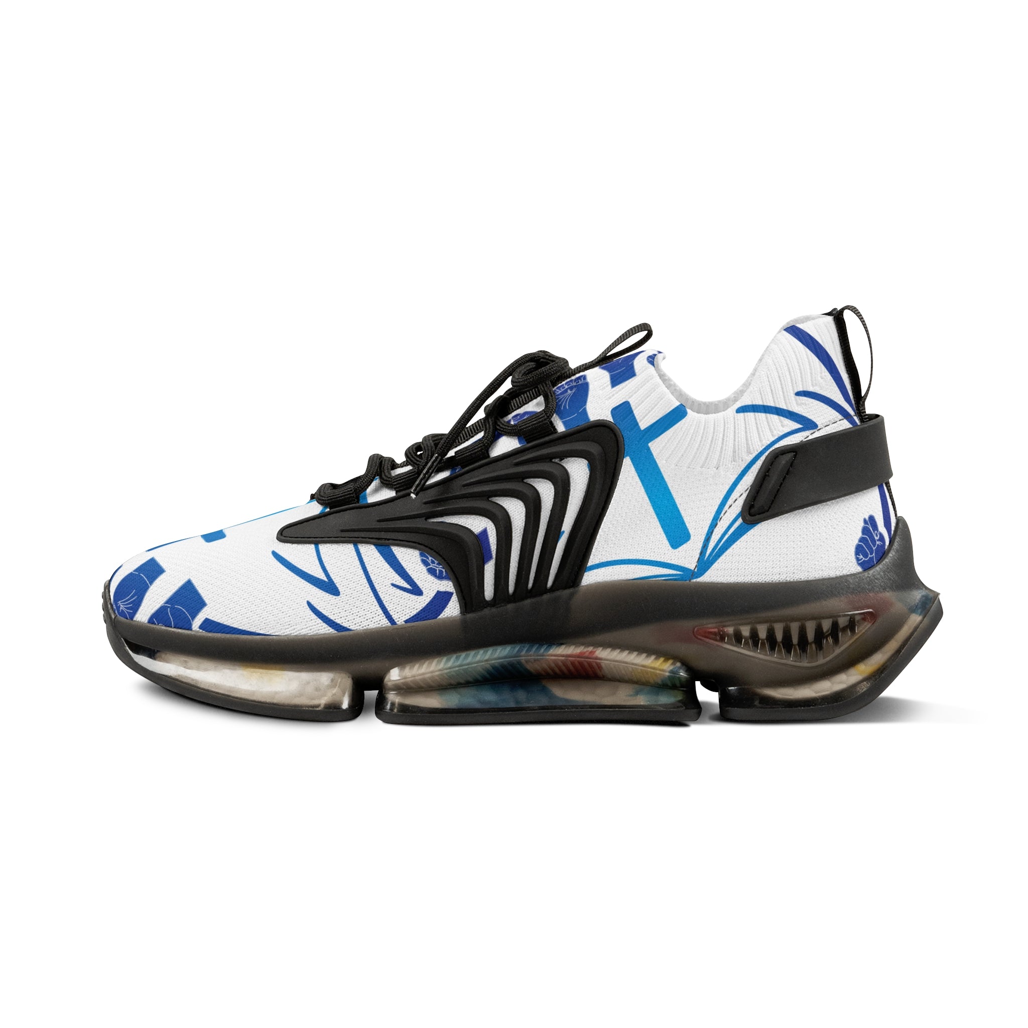 Men's White Athletic Sneakers with Blue Cross Graphic —"Sign Language Jesus Christ "Lightweight Mesh Running Shoes