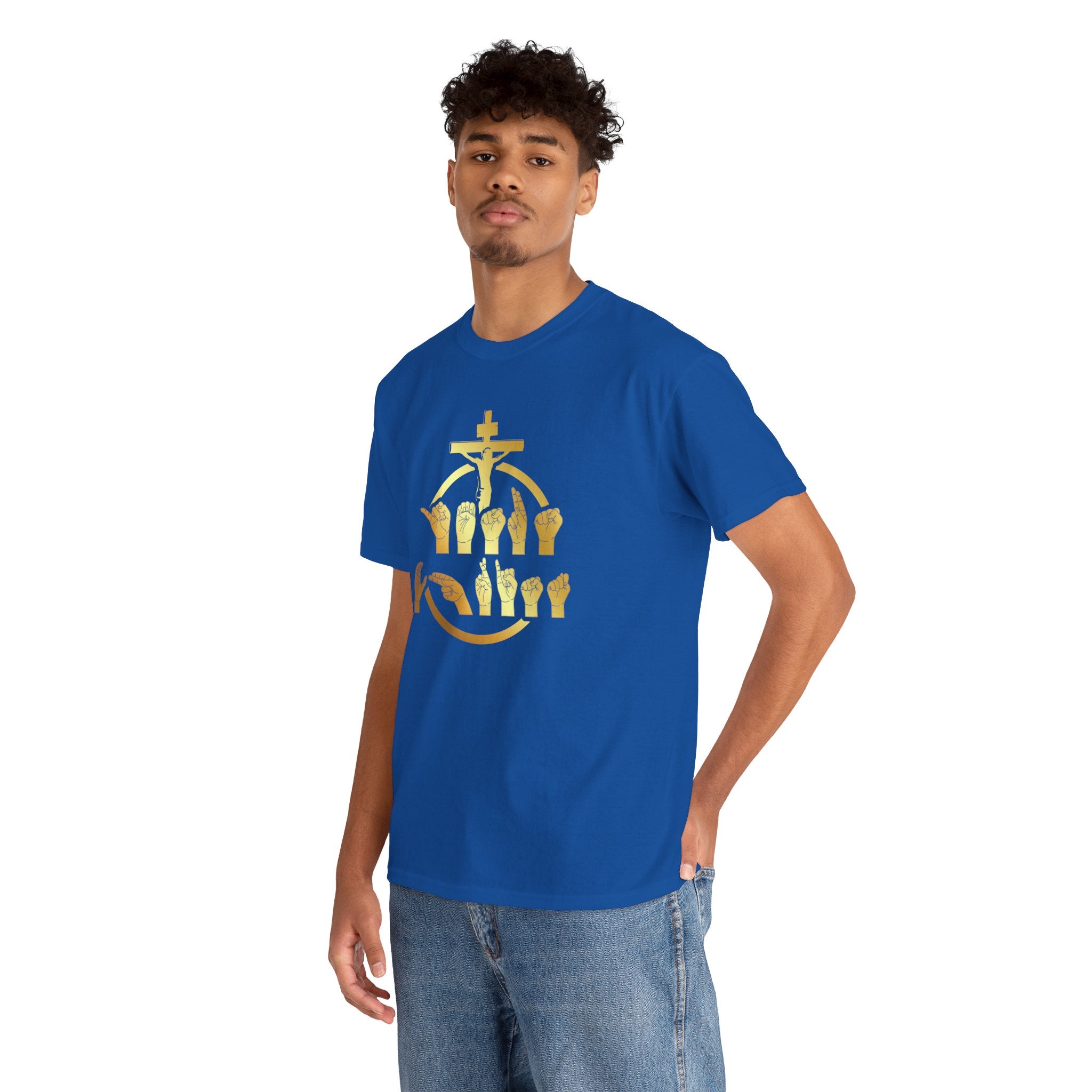 Christian Cross & Praying Hands T-Shirt — Gold Faith Design