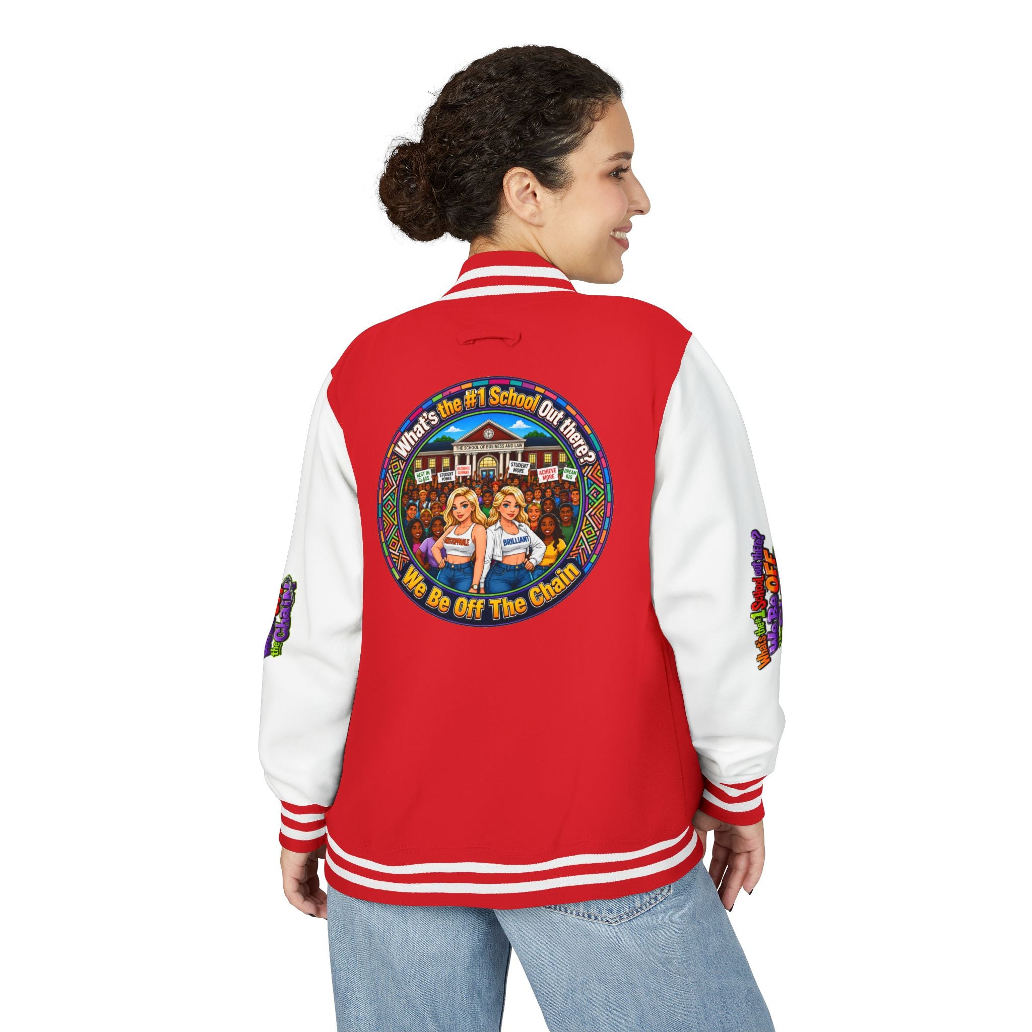 Letterman Jacket — Colorful School Spirit "We Be Off The Chain" Varsity Jacket