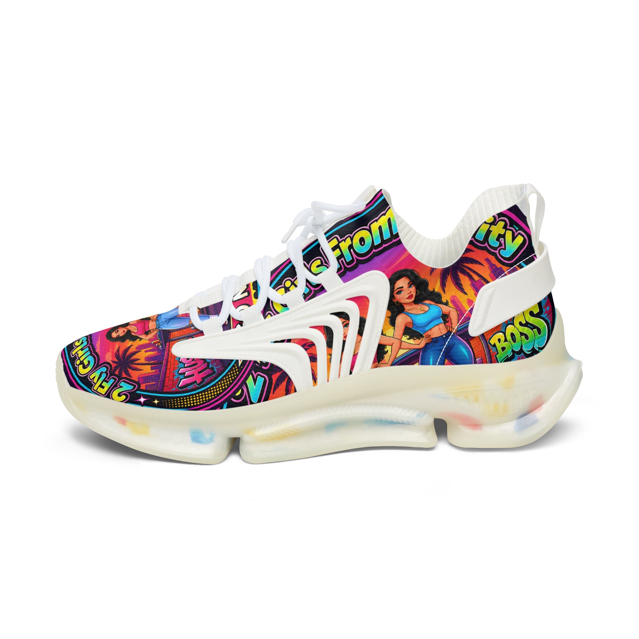 Women’s Mesh Sneakers — Colorful Retro '2Fly Girls From The City' Graphic Athletic Shoes