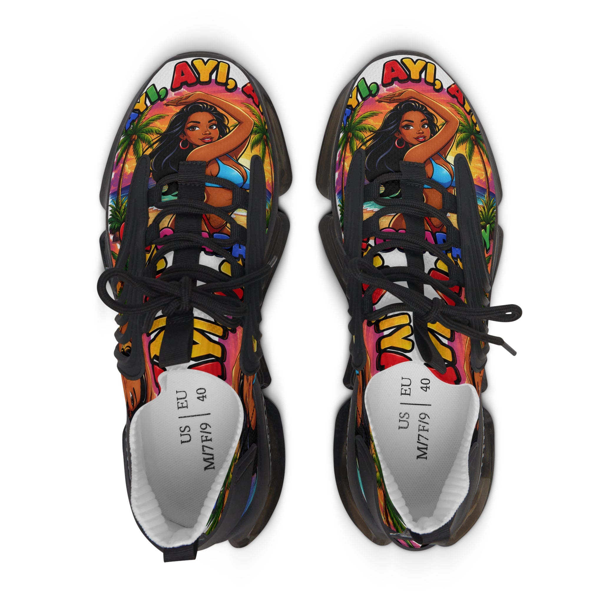 Tropical Vibe Women's Mesh Sneakers — "Ayi  Ayi Ayi Que Guapa Soy "Colorful Hawaiian Pin-Up Design