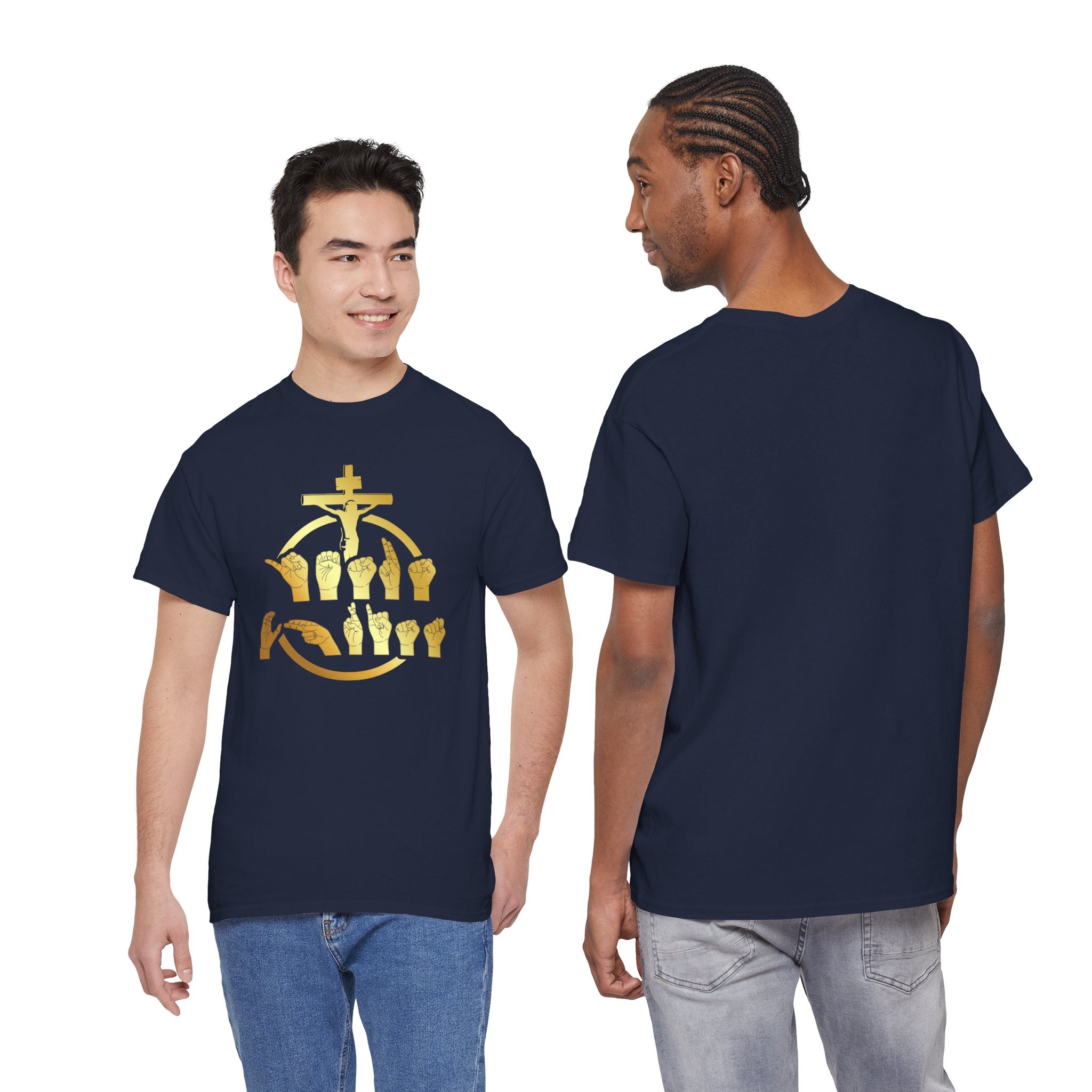Christian Cross & Praying Hands T-Shirt — Gold Faith Design