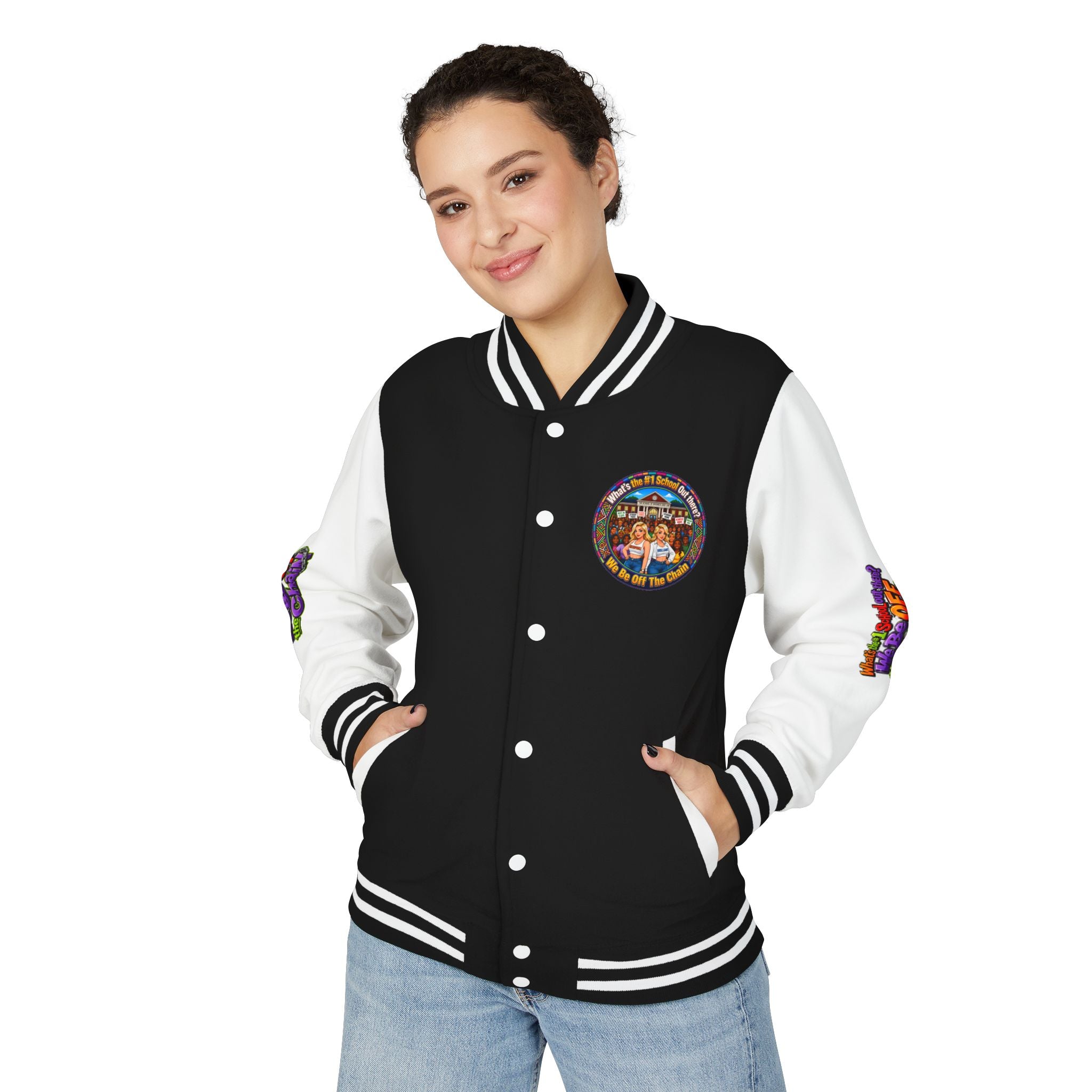 Letterman Jacket — Colorful School Spirit "We Be Off The Chain" Varsity Jacket