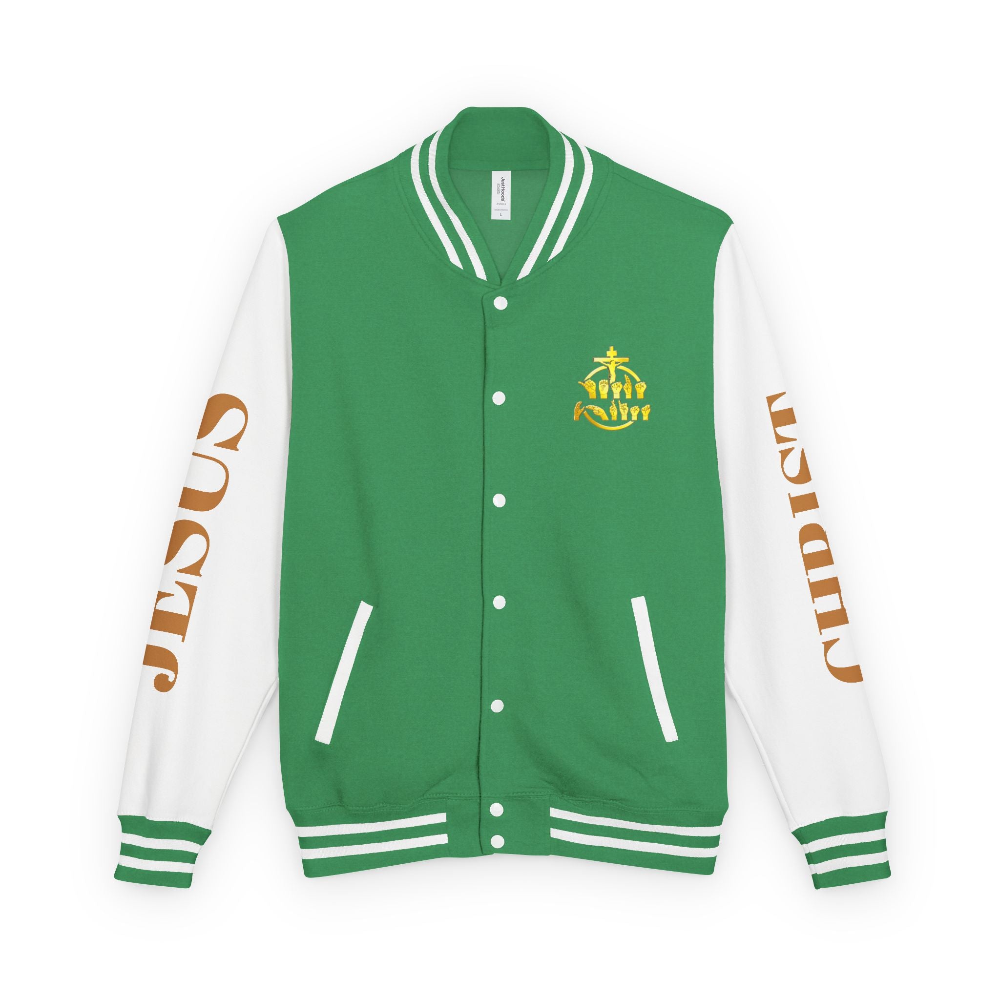 "Sign language Jesus Christ "     Christian Crown Letterman Jacket - 'Jesus Christ' Sleeve Varsity Jacket