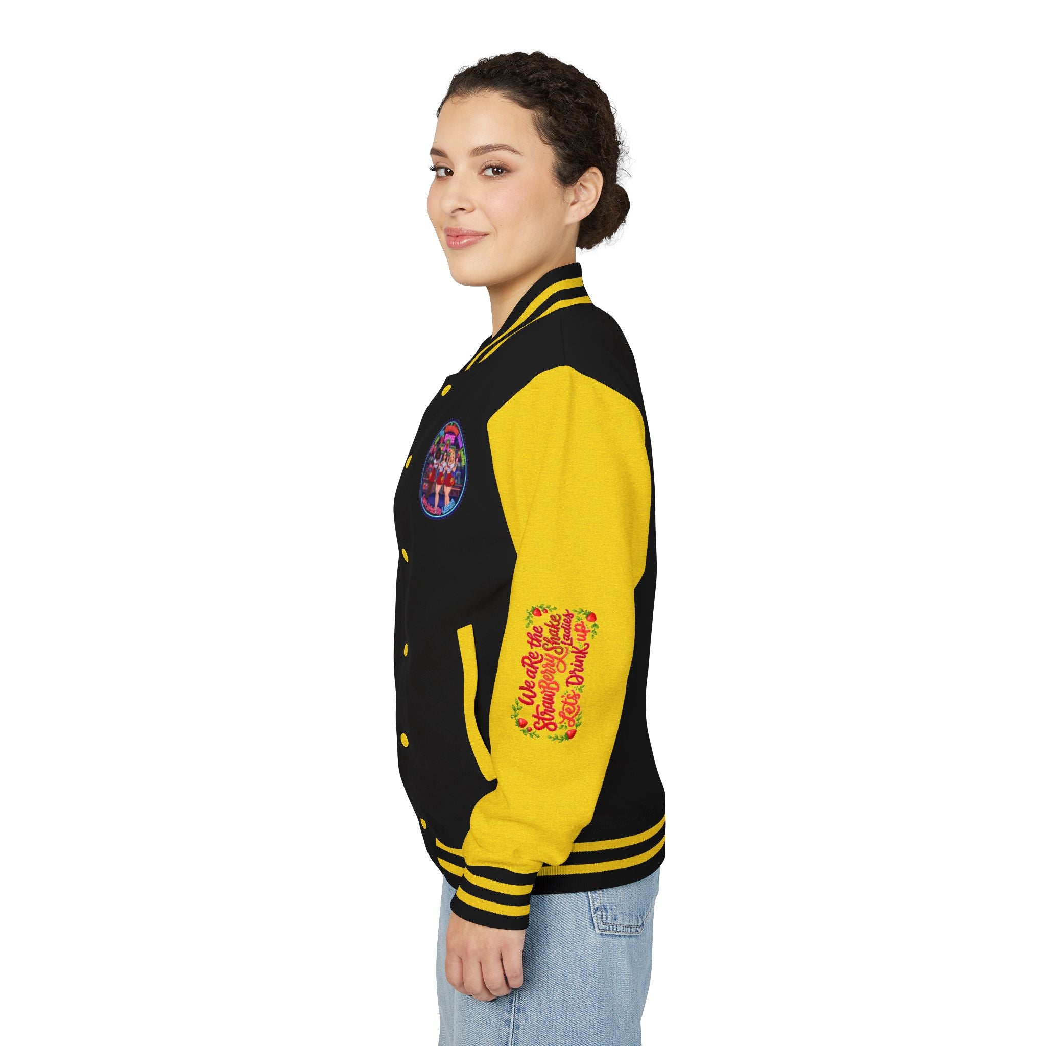 Letterman Jacket —" We Are The Strawberry Shake Ladies " Retro Shakee Cheer Graphic