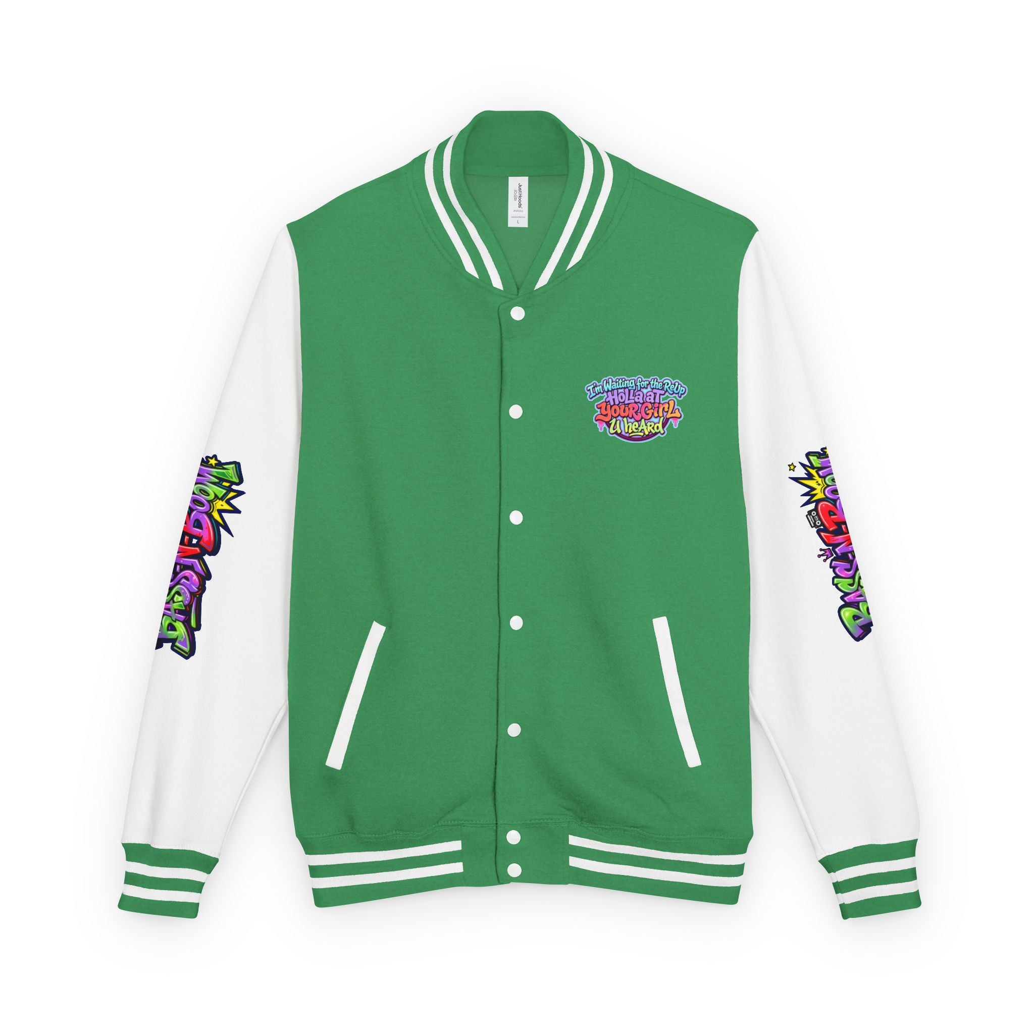 Letterman Jacket — "I'm Waiting For The Reup" Colorful Retro Hip‑Hop Varsity
