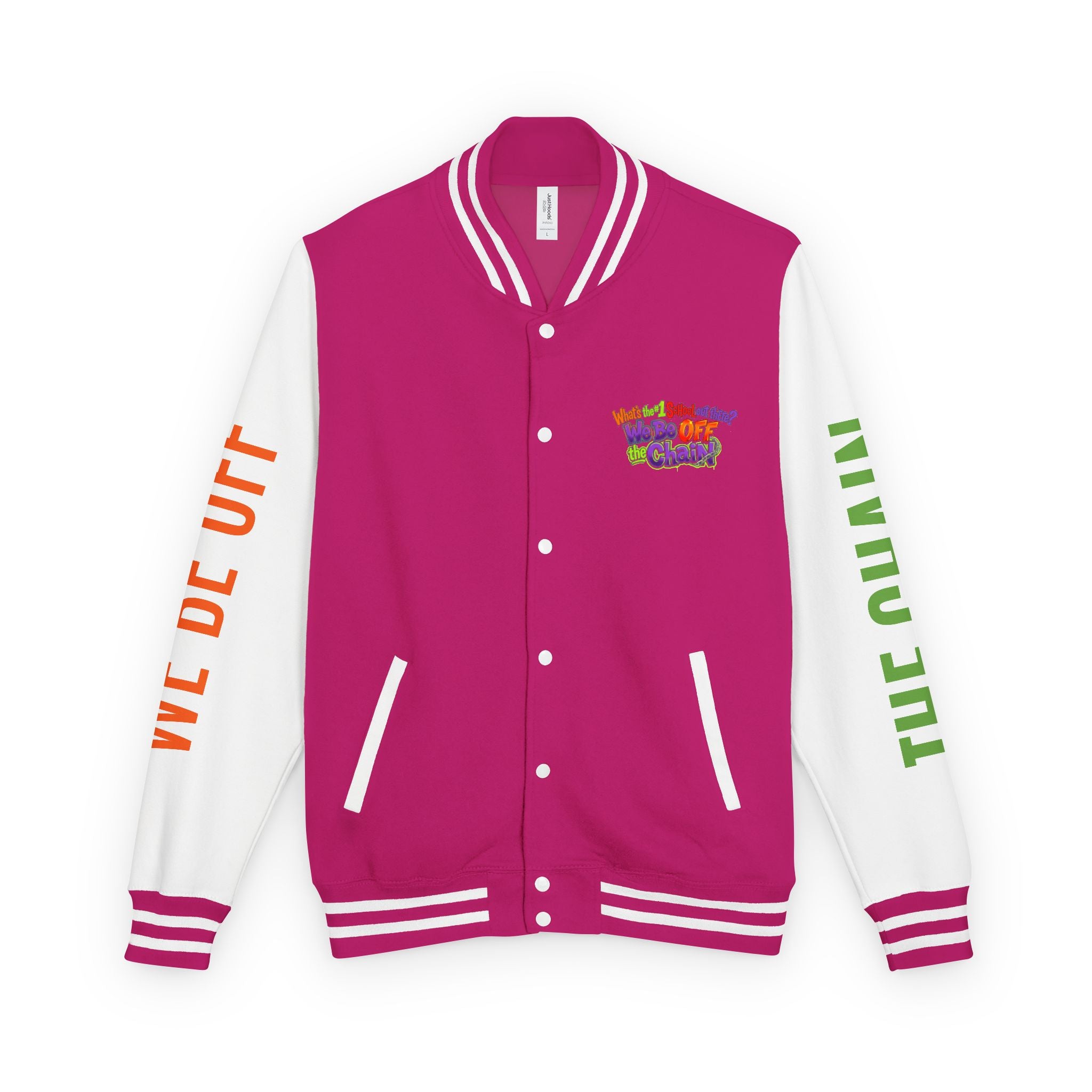 Retro Colorblock Letterman Jacket — 'We Be Off The Chain' Sleeve Print
