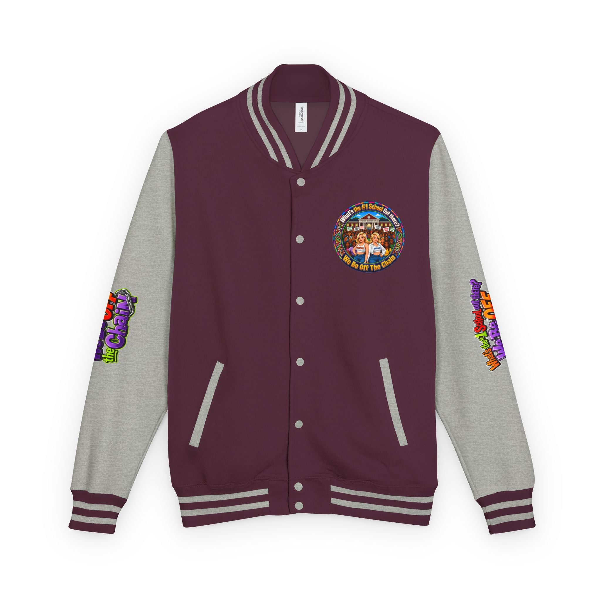 Letterman Jacket — Colorful School Spirit "We Be Off The Chain" Varsity Jacket