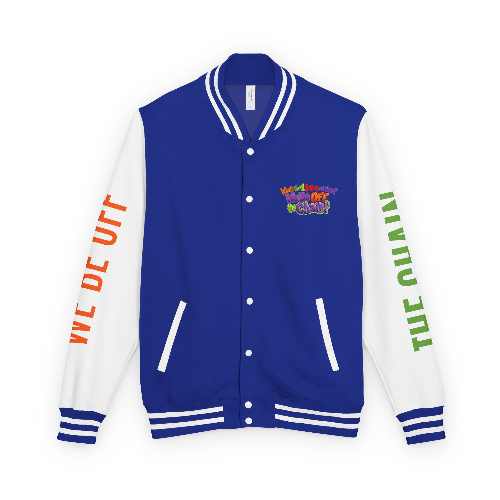 Retro Colorblock Letterman Jacket — 'We Be Off The Chain' Sleeve Print