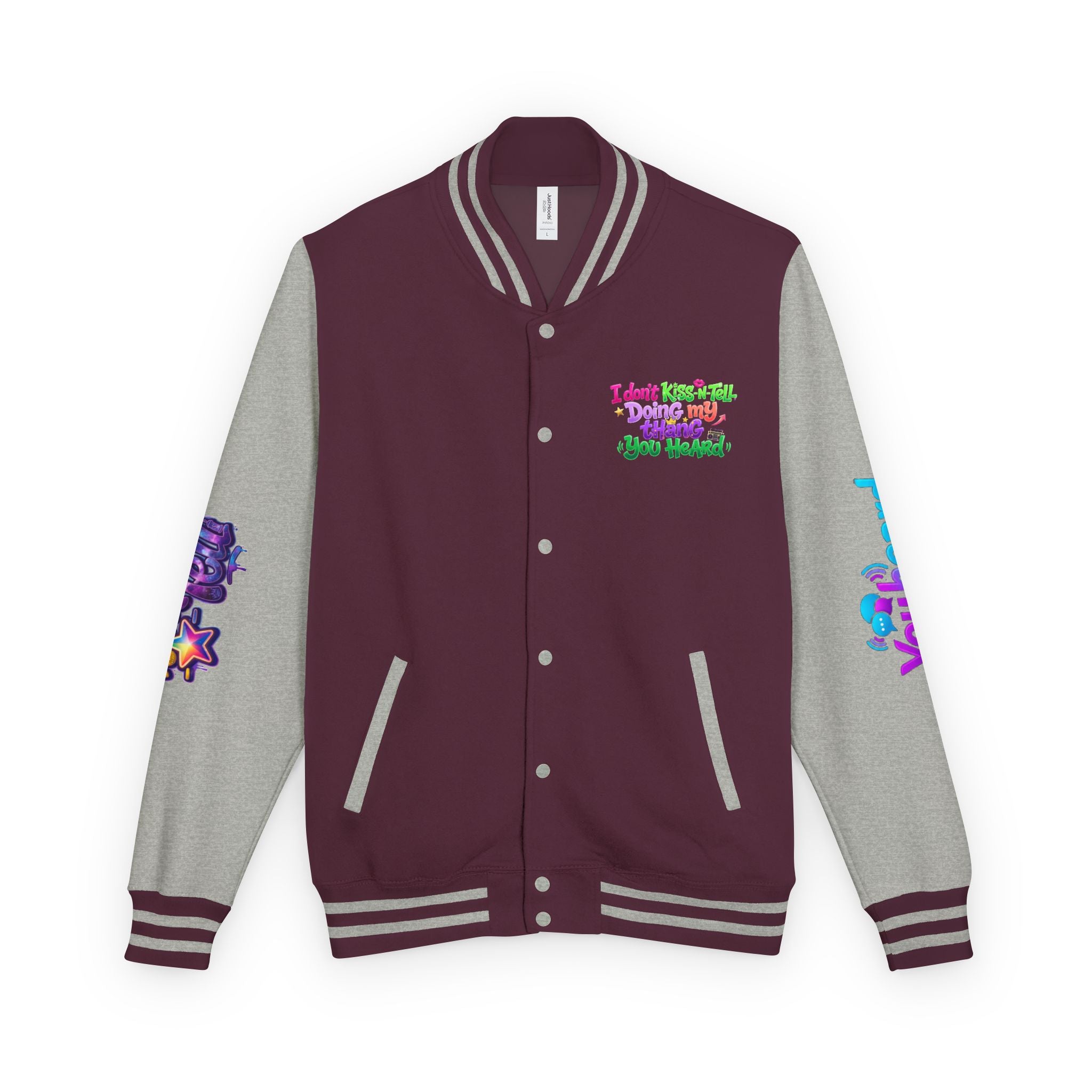 Letterman Jacket — "I Don't Kiss-N-Tell, Doing My Thang You Heard" Colorful Streetwear