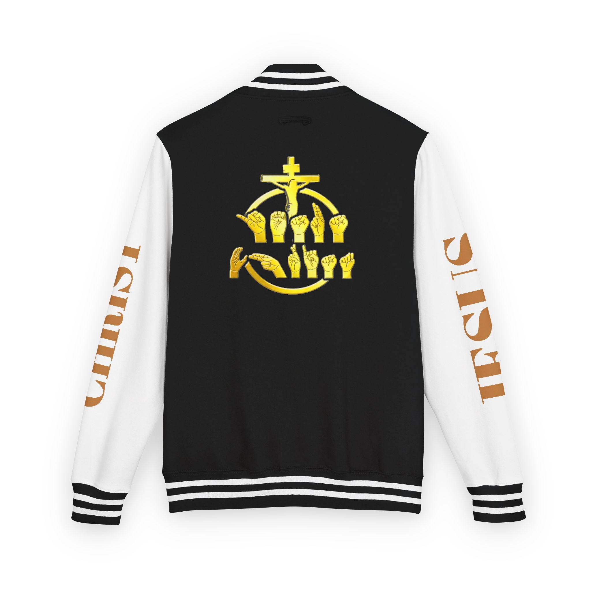 "Sign language Jesus Christ "     Christian Crown Letterman Jacket - 'Jesus Christ' Sleeve Varsity Jacket