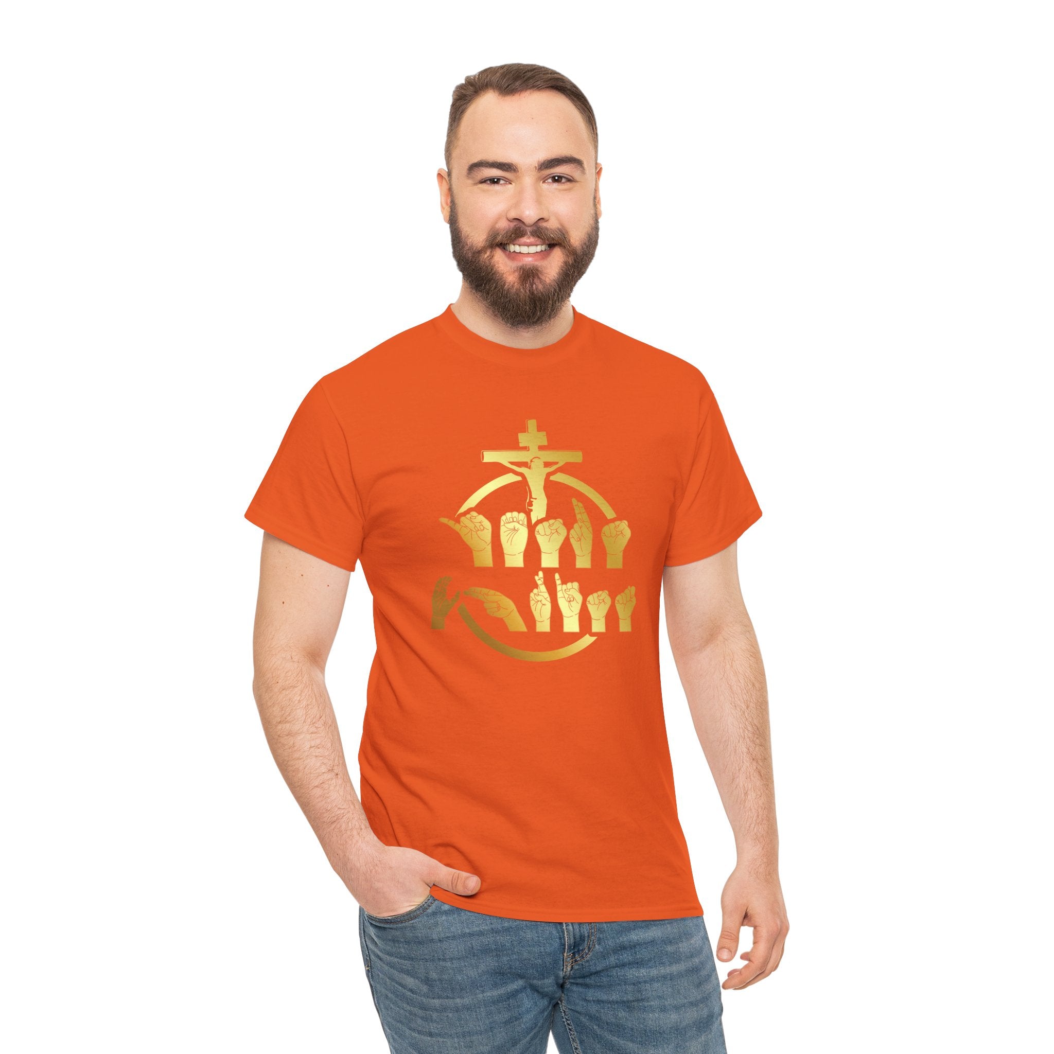 Christian Cross & Praying Hands T-Shirt — Gold Faith Design