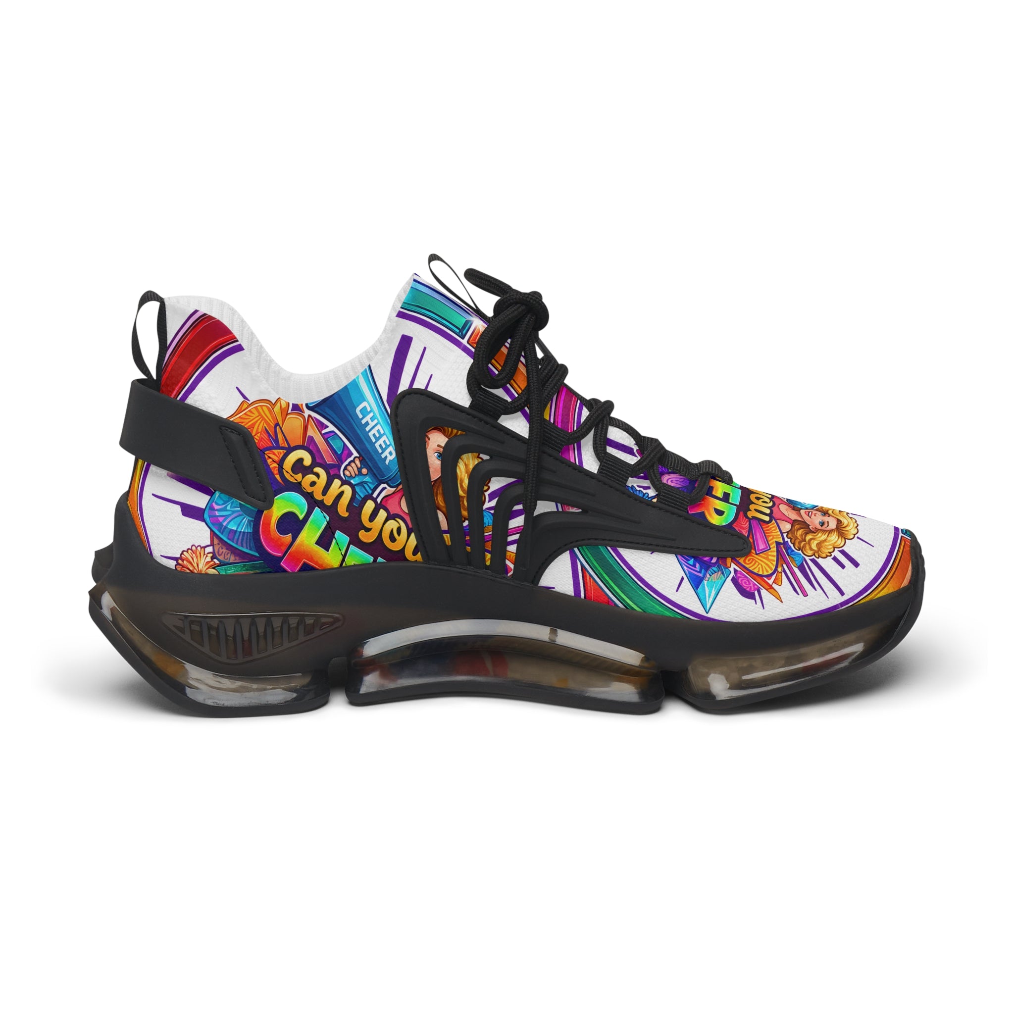 Colorful Cheerleader Mesh Sneakers — "Can You Cheer?" Graphic Women's Athletic Shoes
