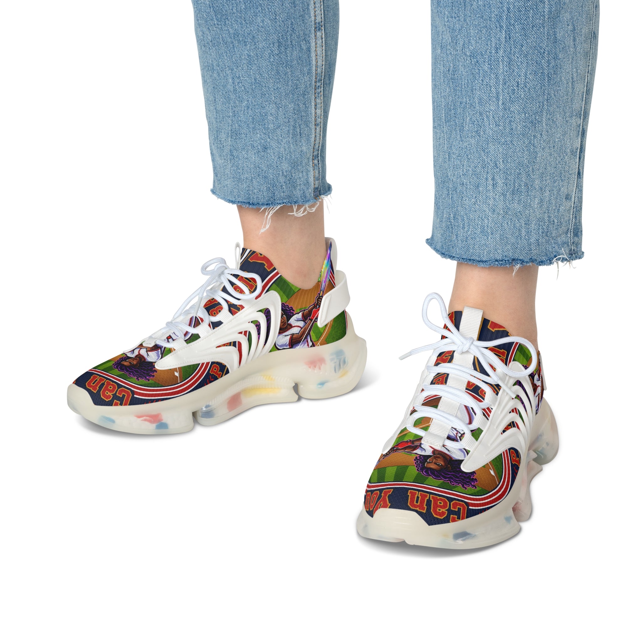 Women's Mesh Sneakers — " Can You Play Baseball "Vibrant Afrocentric Athletic Shoes with 'I Can You' Graphic