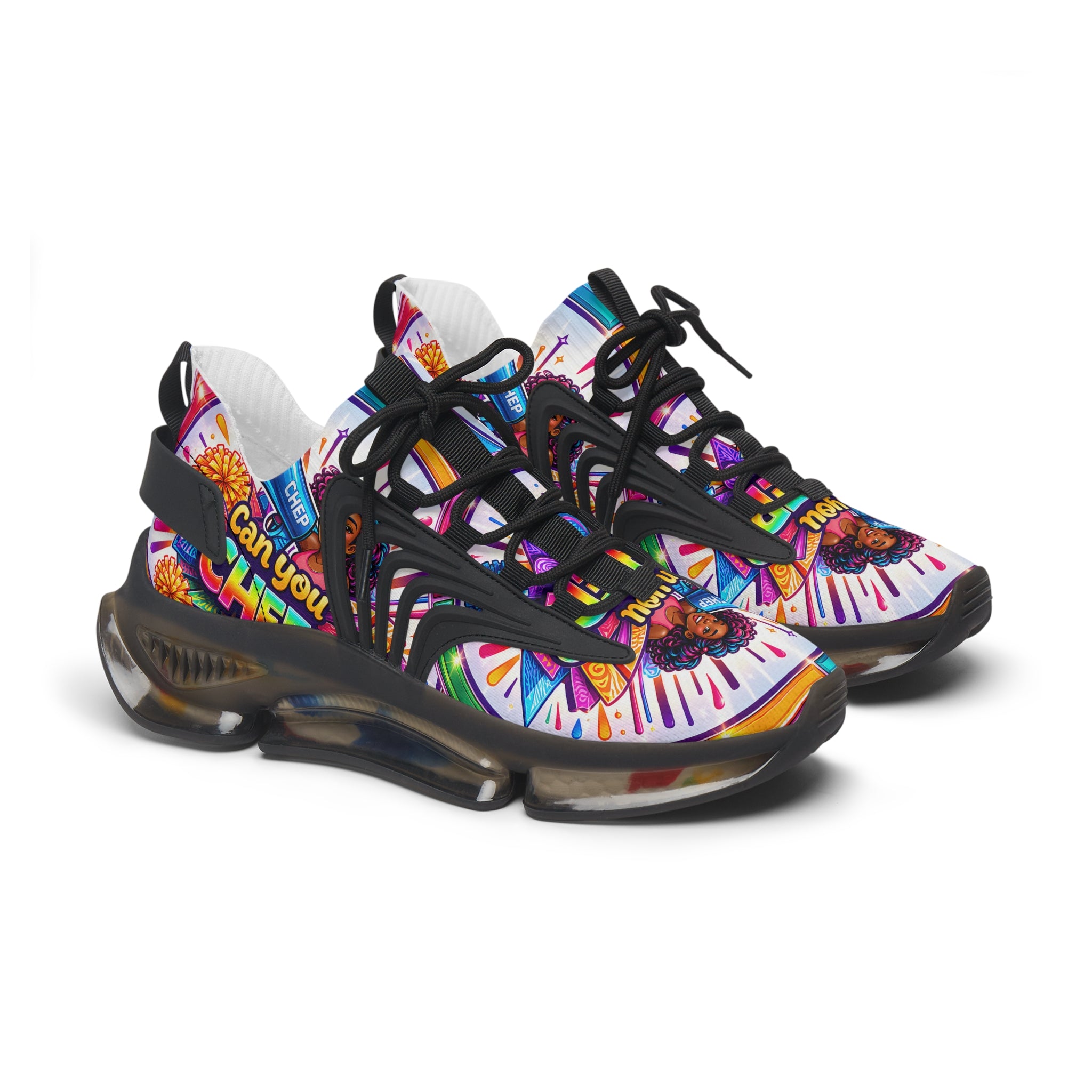 Women's Cheerleader Graphic Mesh Sneakers — "Can You Cheer?" Colorful Athletic Shoes