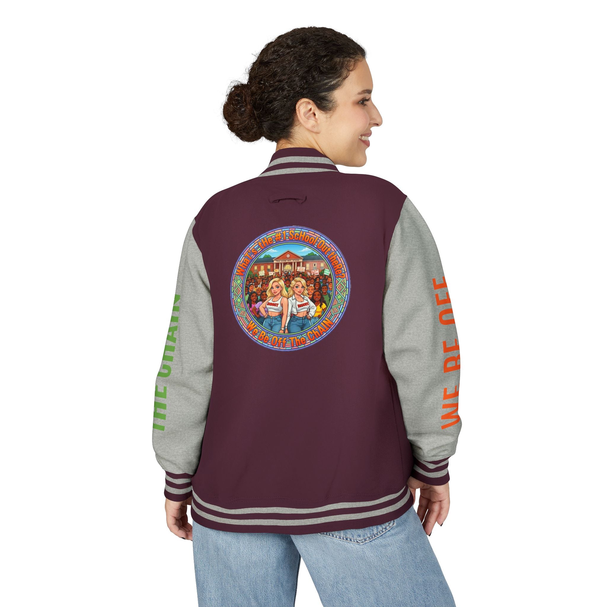 Retro Colorblock Letterman Jacket — 'We Be Off The Chain' Sleeve Print