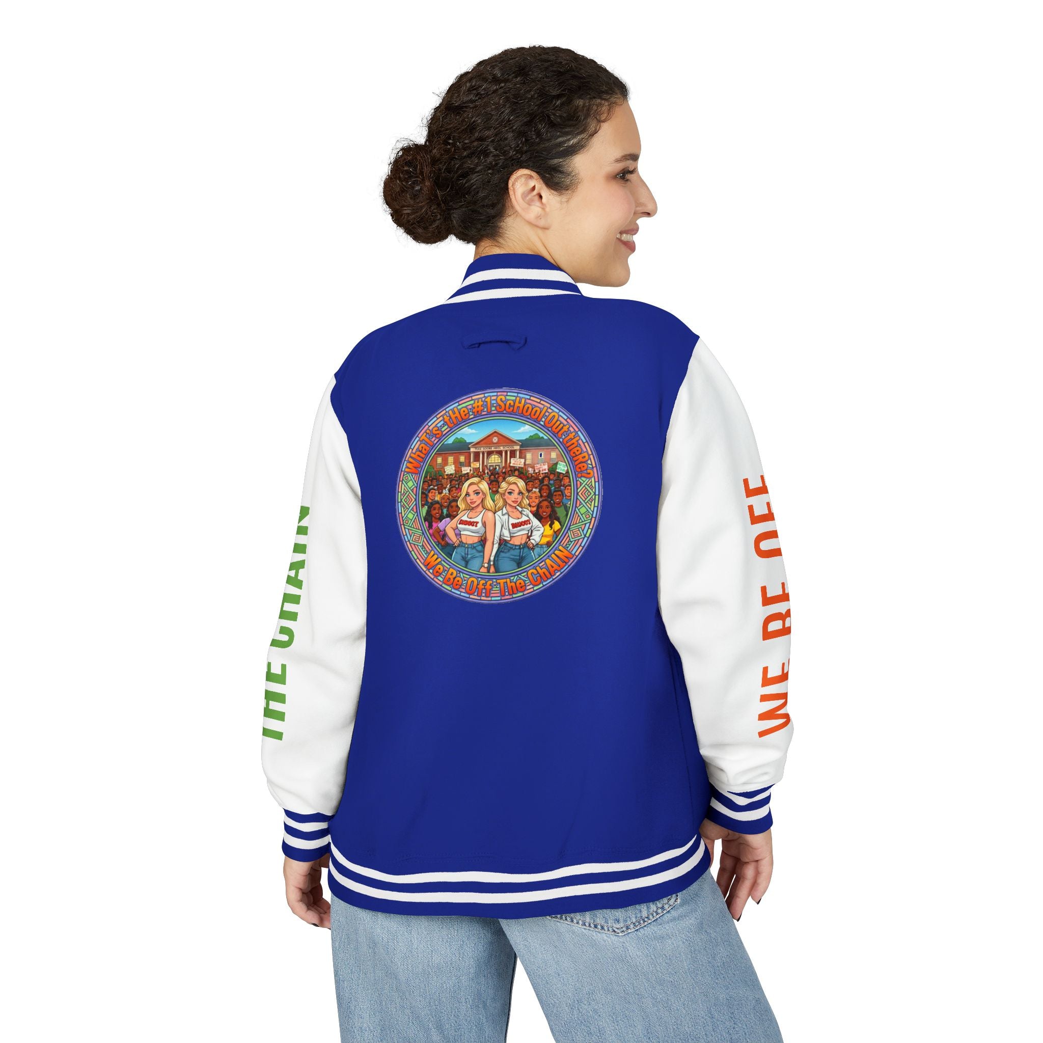 Retro Colorblock Letterman Jacket — 'We Be Off The Chain' Sleeve Print
