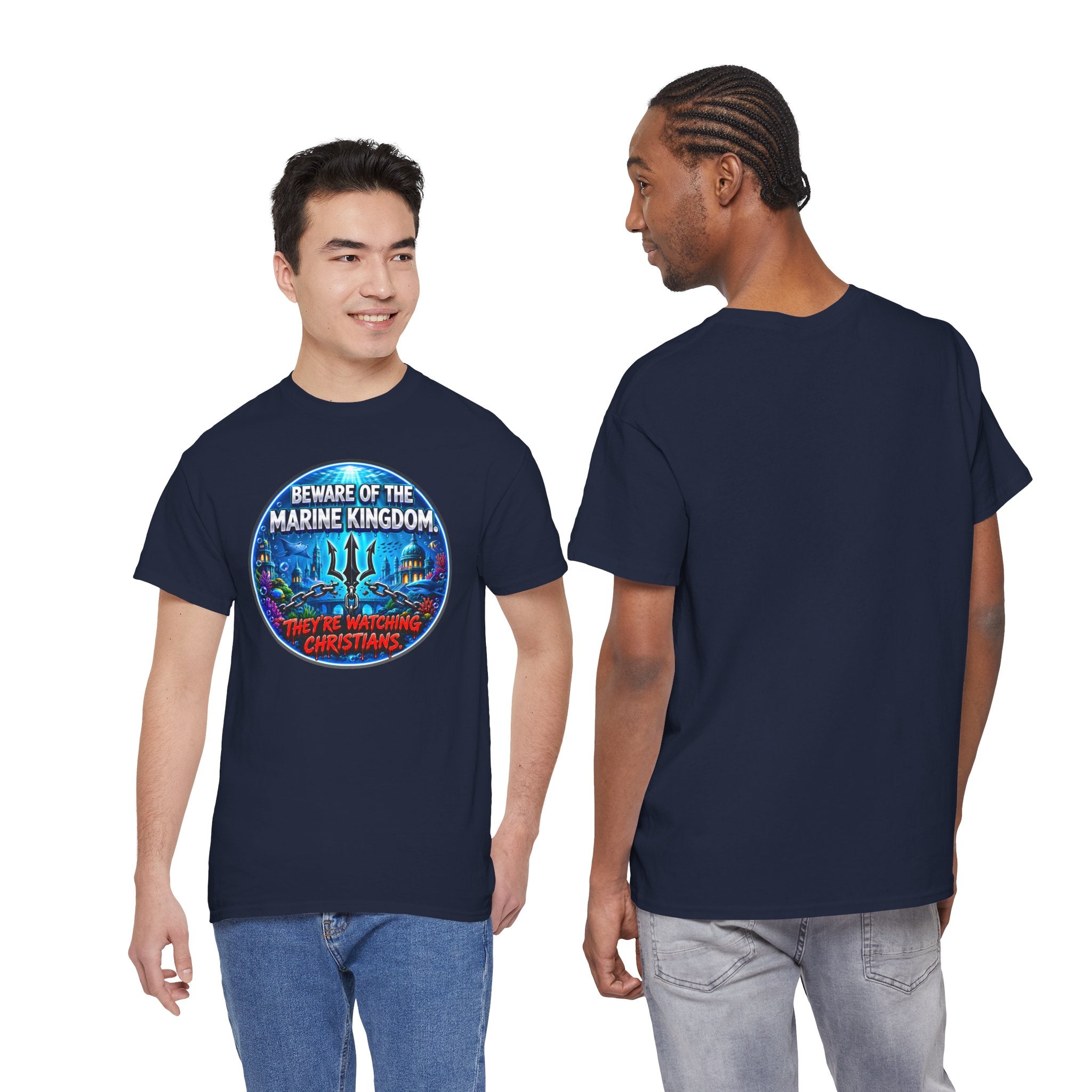 T‑Shirt — "Beware of the Marine Kingdom: They're Watching Christians" Vintage Ocean Graphic