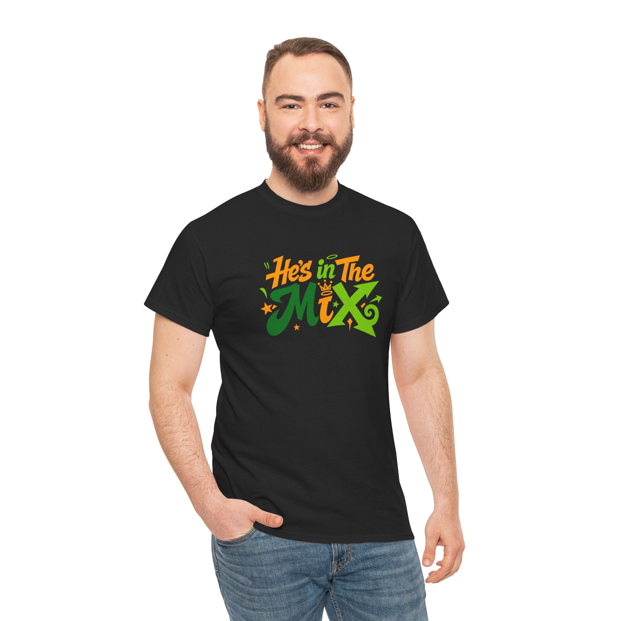 "He's in the Mix" T-Shirt — Retro Green & Orange DJ/Music Tee